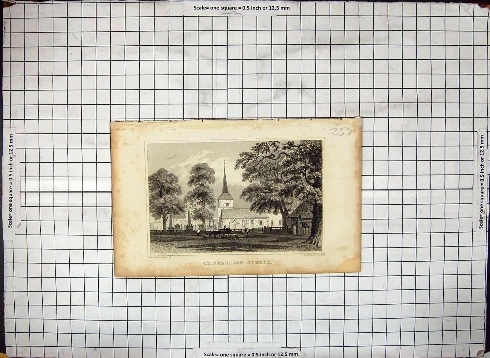 Antique Old Print Chiselhurst Church Architecture Shepherd Adlard Engraving