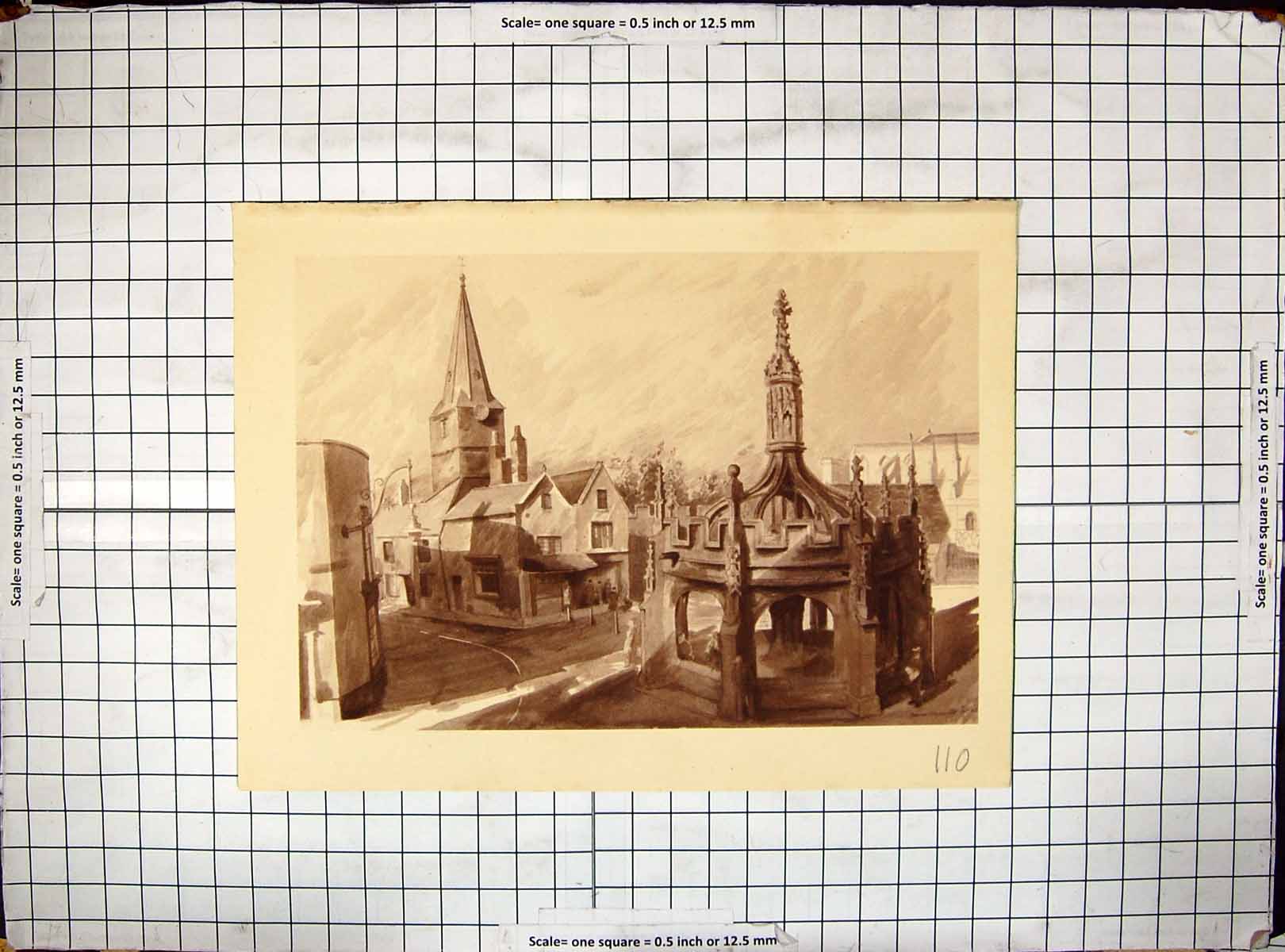 Original Old Antique Print Market Cross Malmesbury Frances Macdonald