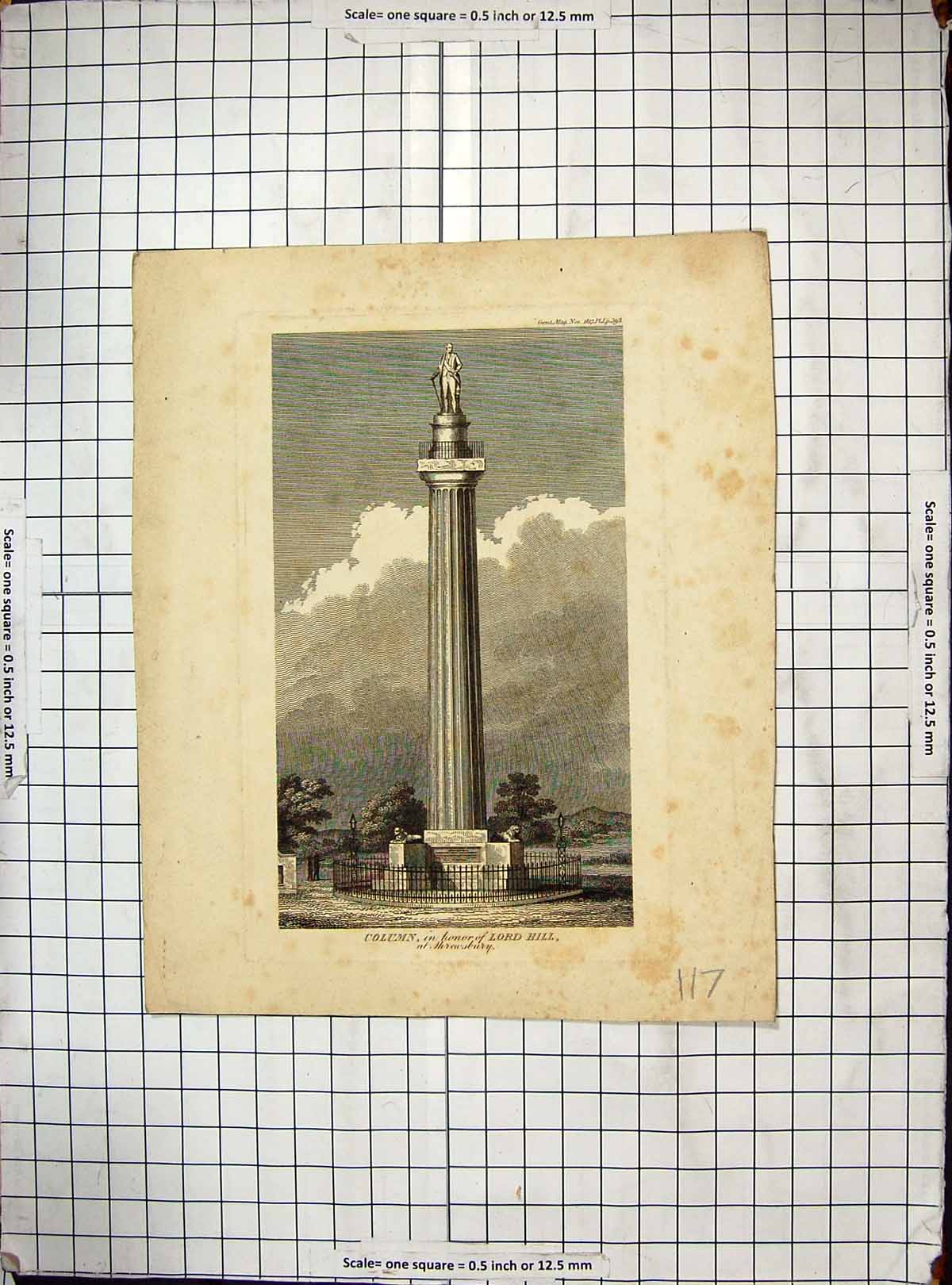 Original Old Antique Print Column Lord Hill Shrewsbury England Monument