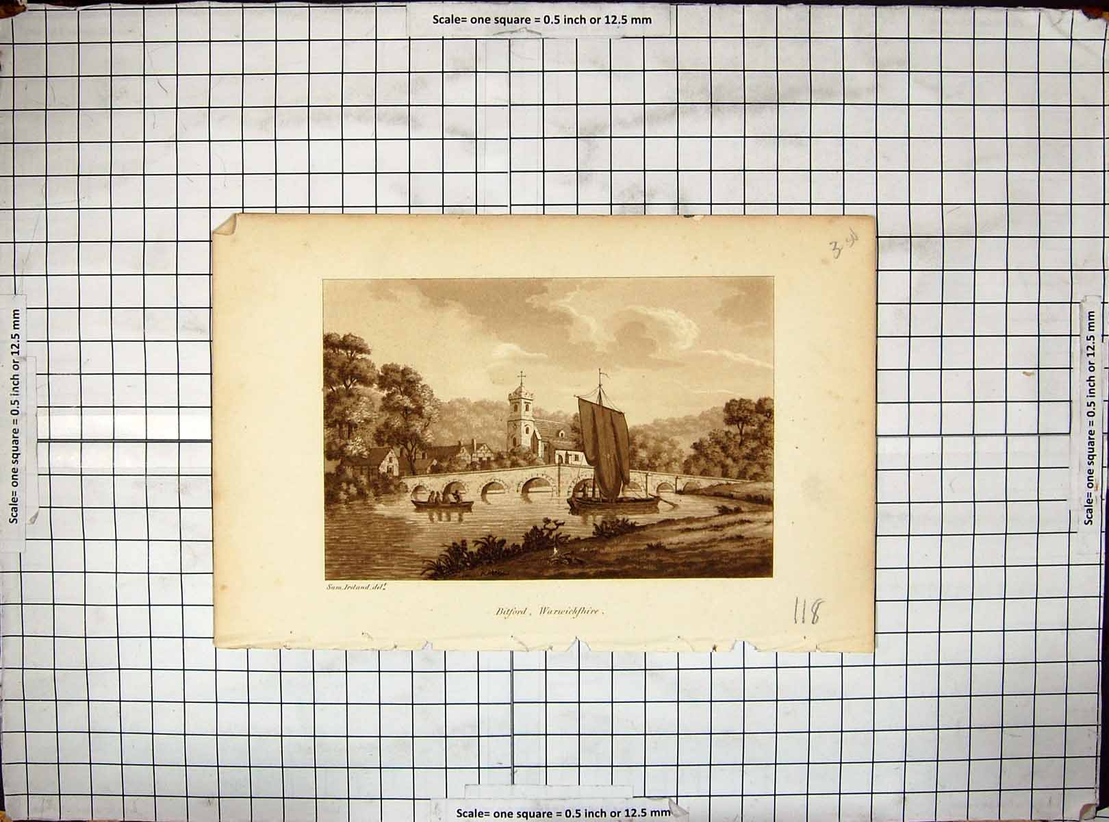 Antique Old Print View Bitford Warwickshire River Bridge Boats Sam Ireland