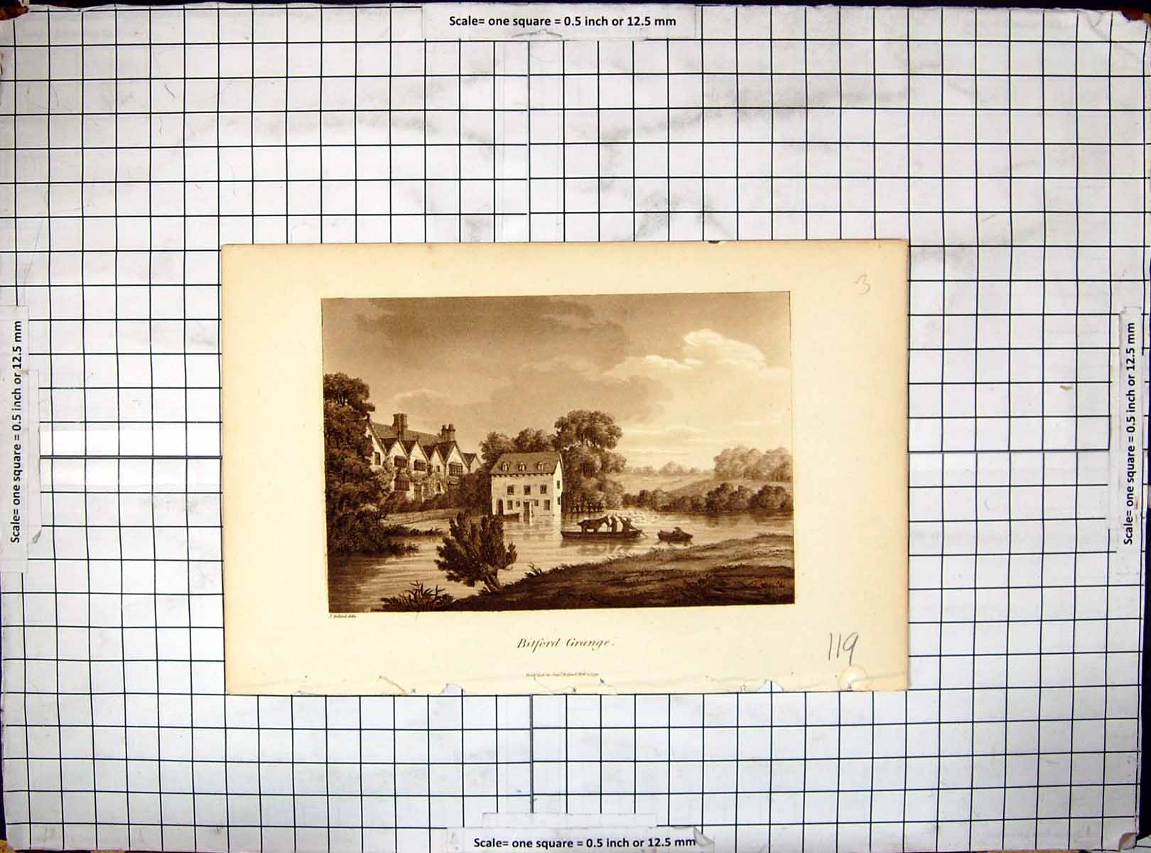 Original Old Antique Print View Bitford Grange River Boats Sam Ireland