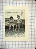 Original Old Antique Print 1886 Young Children Playing Sea Boat Beach Scene