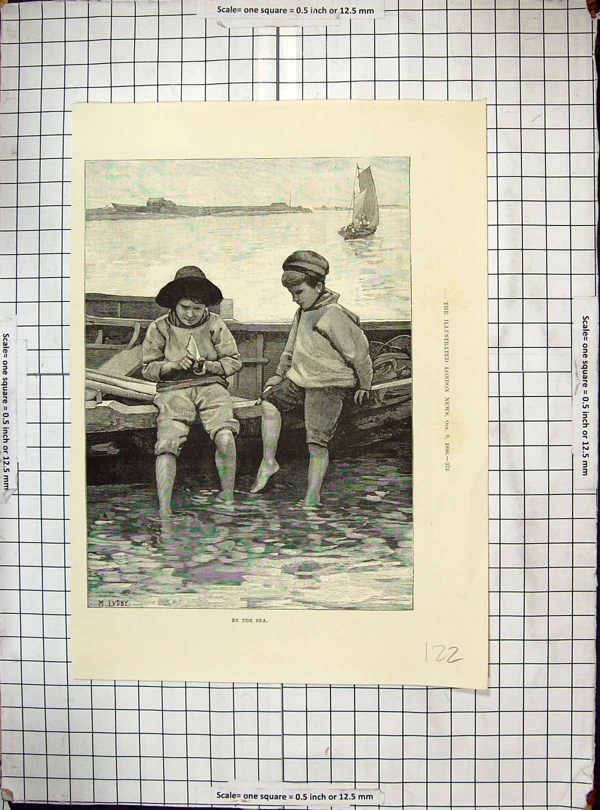 Original Old Antique Print 1886 Young Children Playing Sea Boat Beach Scene
