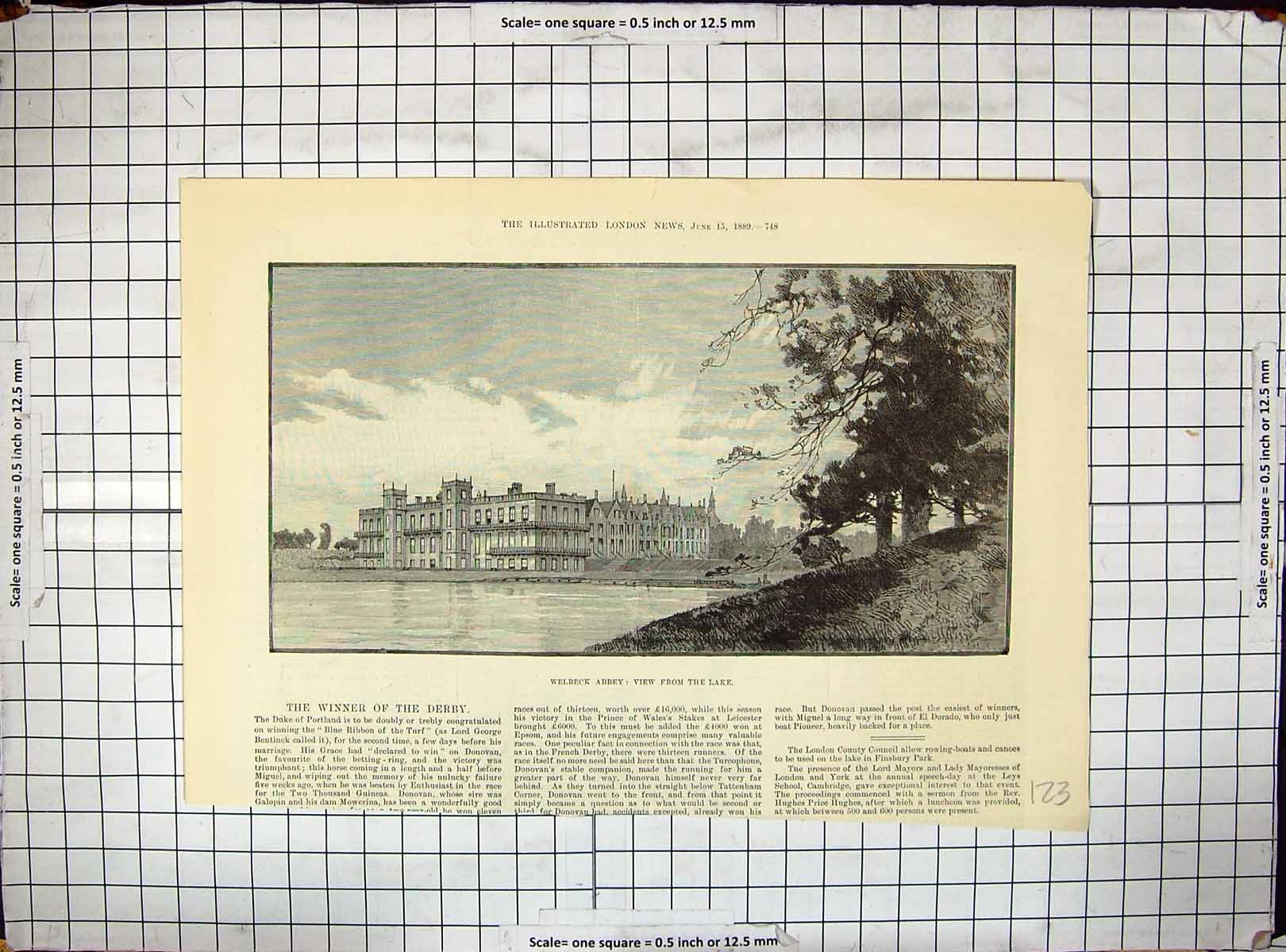 Original Old Antique Print 1889 Welbeck Abbey Lake Architecture Buildings 19th