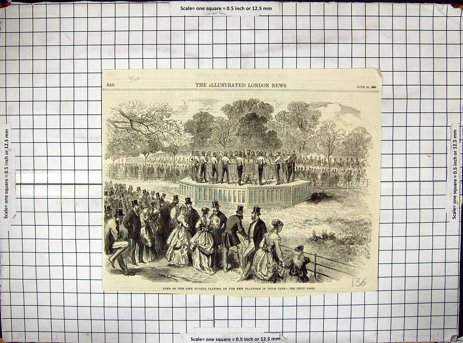 Antique Old Print 1869 Band Life Guards Music Band Platform Hyde Park London