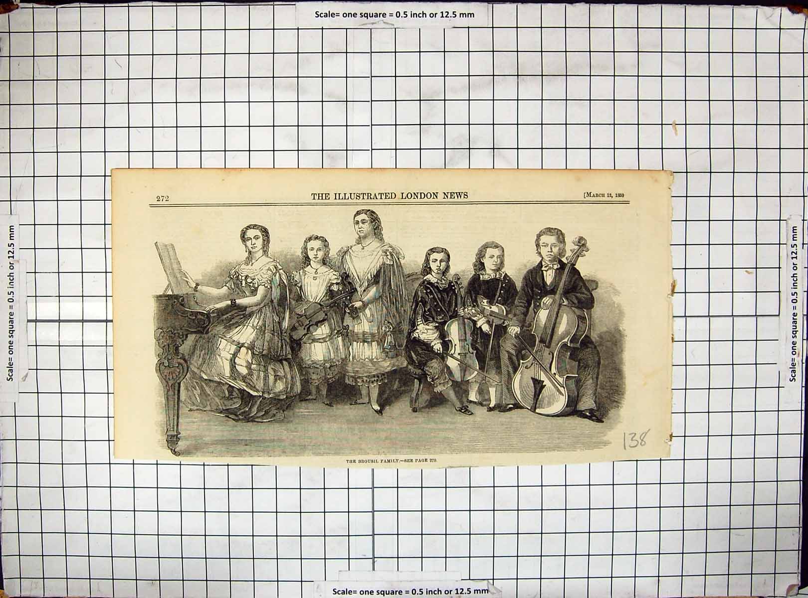 Original Old Antique Print 1859 Portrait Brousil Family Musical Instruments