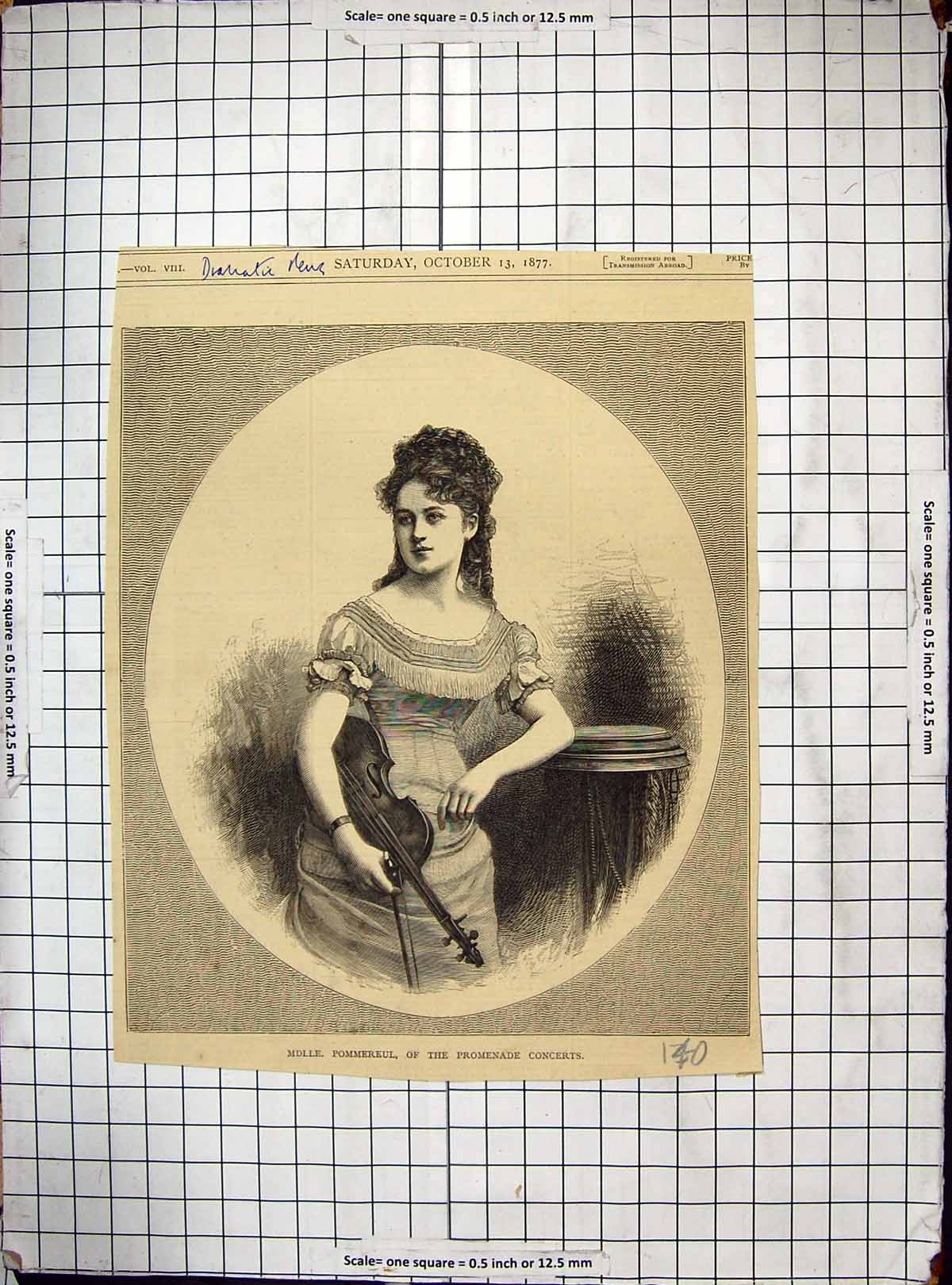 Original Old Antique Print 1877 Mdlle. Pommereul Promenade Concerts Music 19th