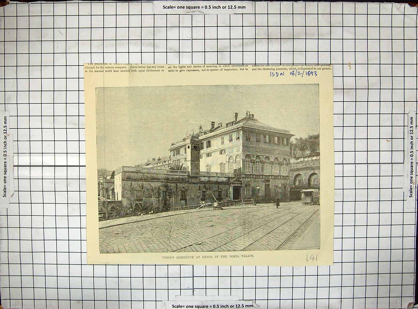Original Old Antique Print 1893 Verdi Residence Genoa Dori Palace Architecture
