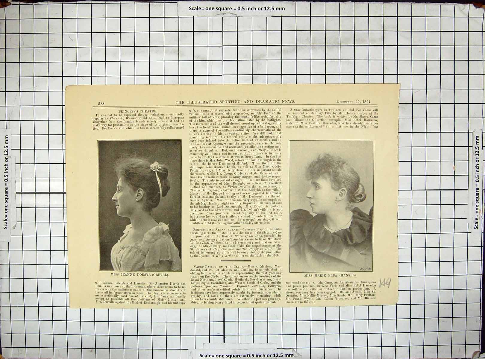 Antique Old Print 1894 Portrait Miss Jeanne Douste Gretel Marie Elba Hansel