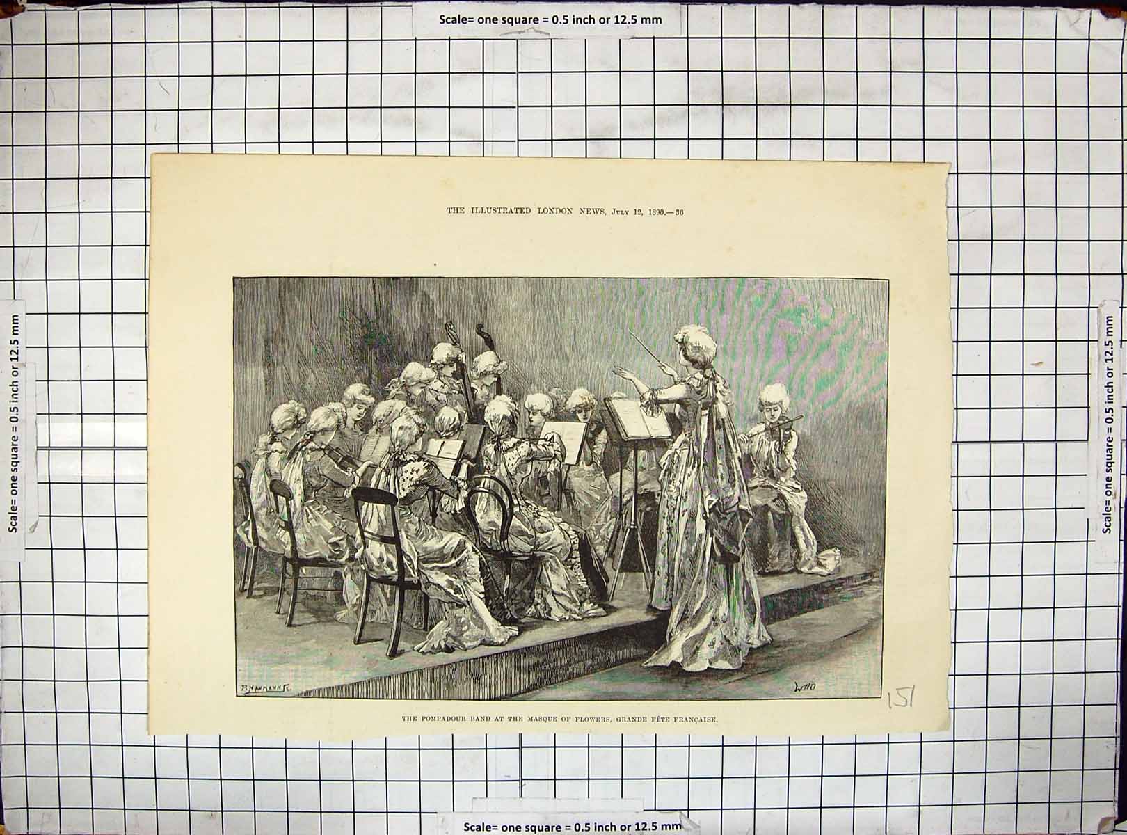 Old Print 1890 Pompadour Band Masque Flowers Grande Fete Francaise Music 19th