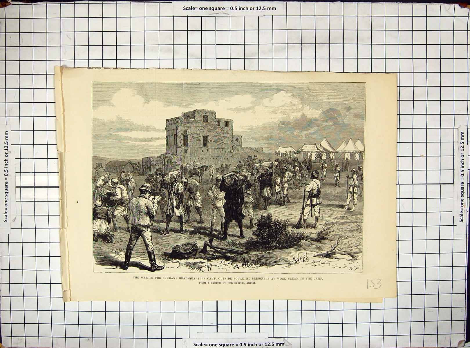Old Antique Print War Soudan Head-Quarters Camp Souakim Prisoners Siers