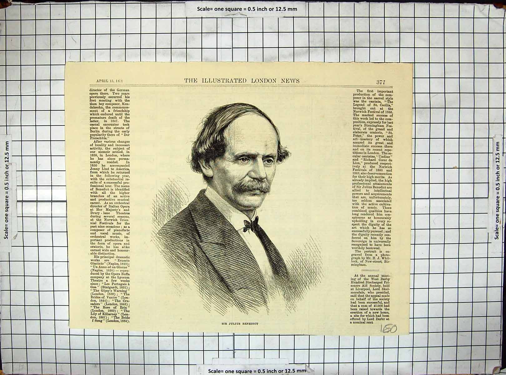 Original Old Antique Print 1871 Portrait Julius Benedict Composer Victorian