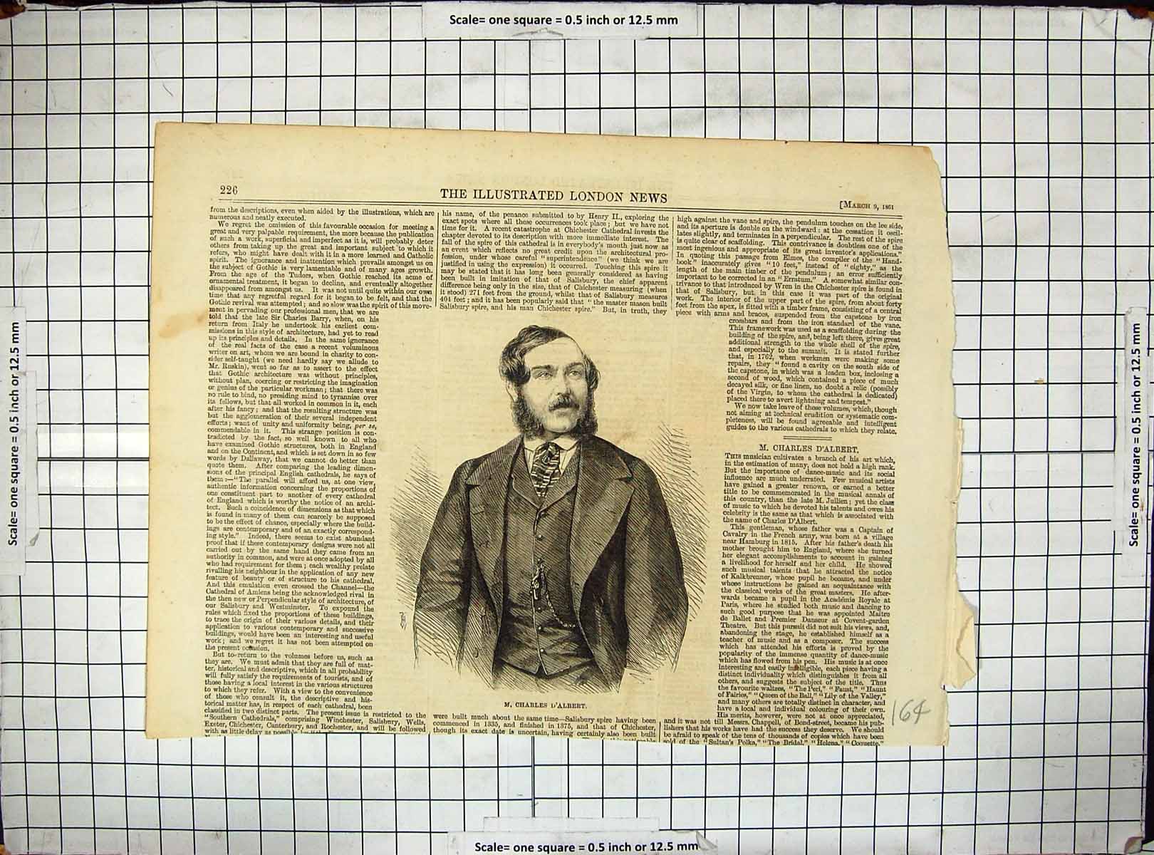 Original Old Antique Print 1861 Portrait Musician Charles D'Albert Victorian