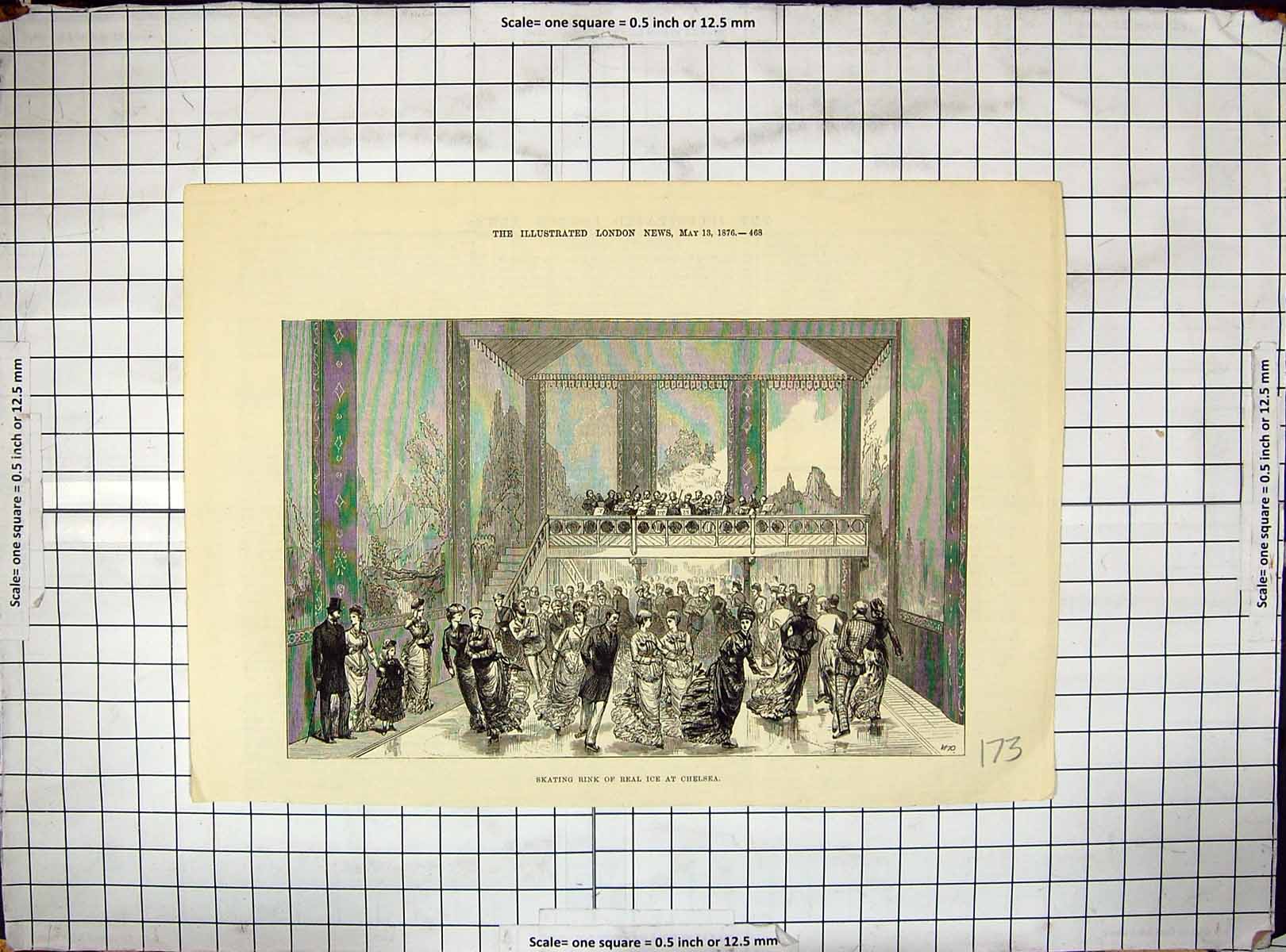 Antique Old Print 1876 Ice Skating Rink Real Ice Chelsea London Entertainment
