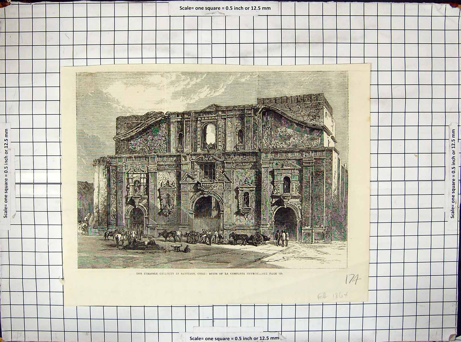Original Old Antique Print 1864 Calamity Santiago Chili Ruins Compania Church