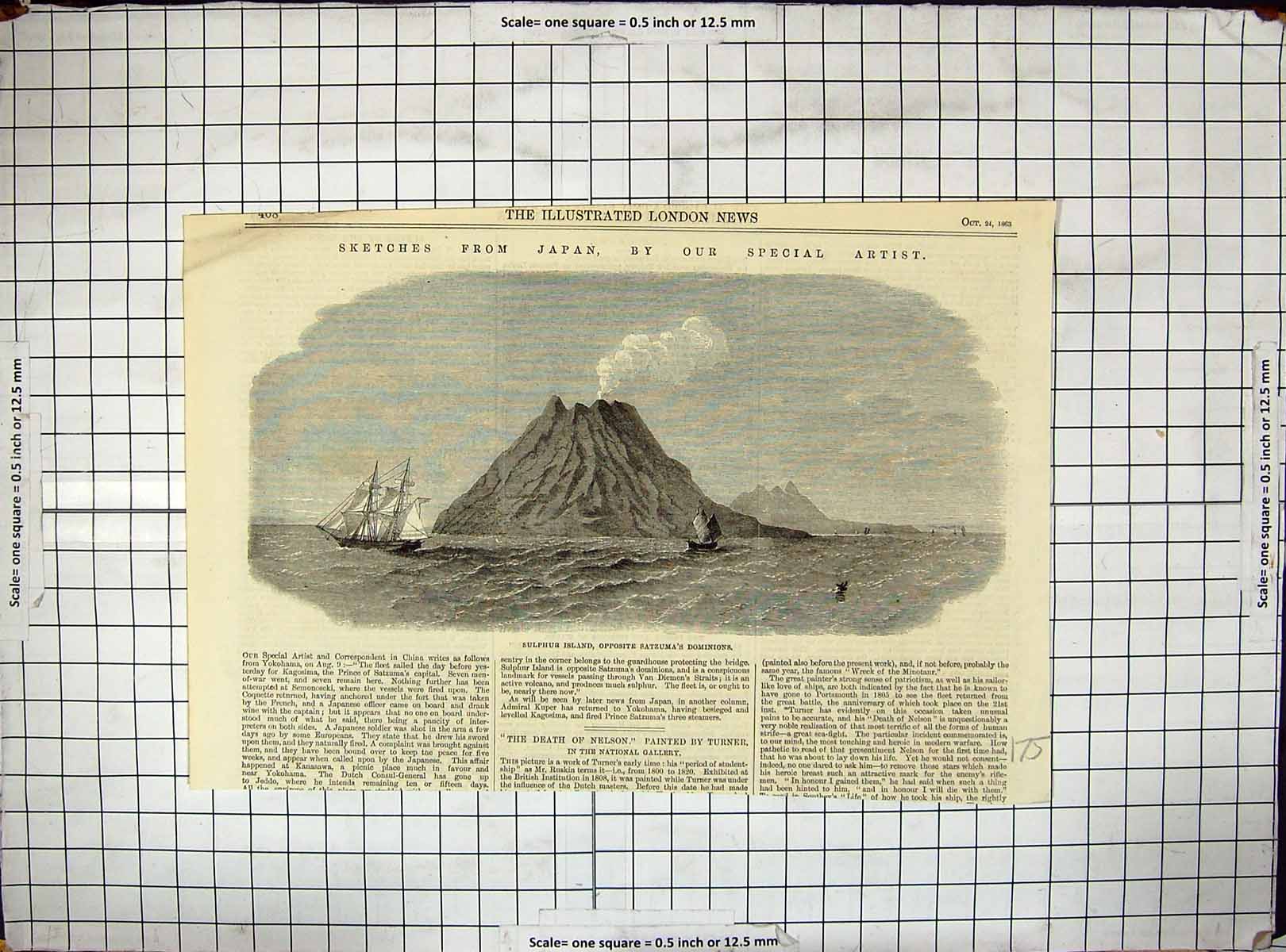 Original Old Antique Print 1863 Sulphur Island Satzuma Dominions Japan Ships