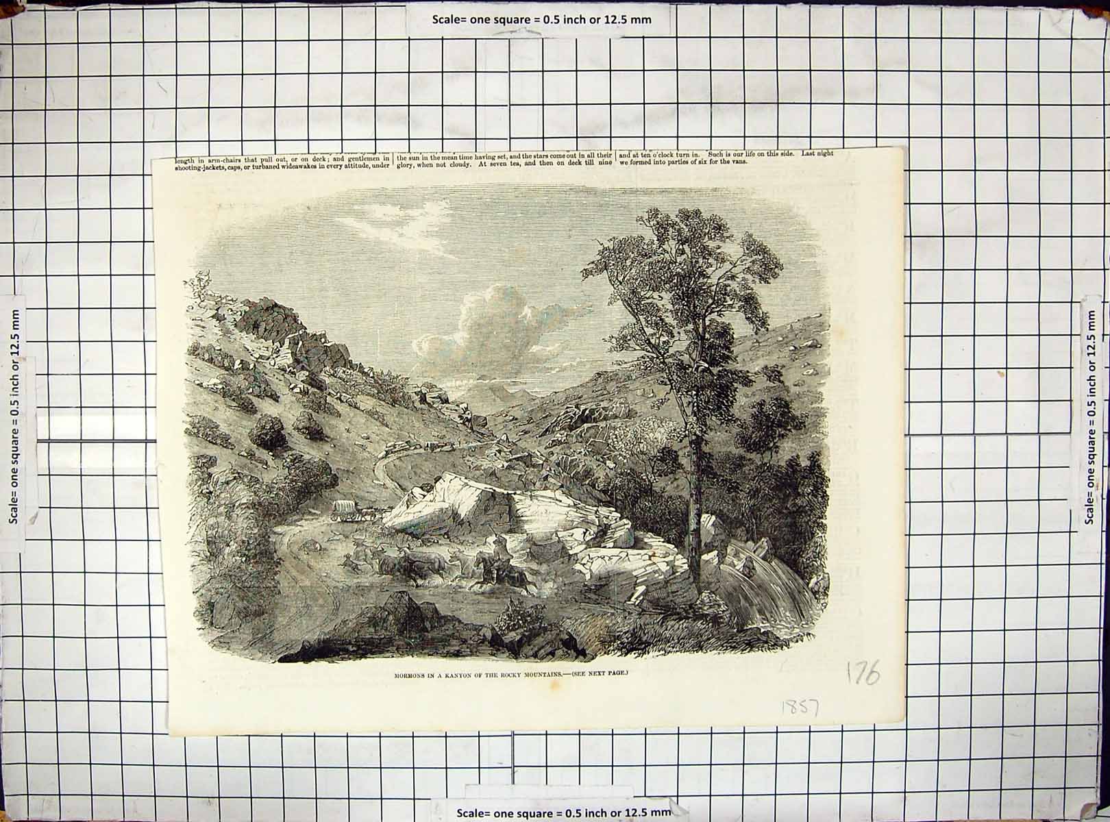 Original Old Antique Print 1857 Mormons Kanyon Rocky Mountains Canada Victorian