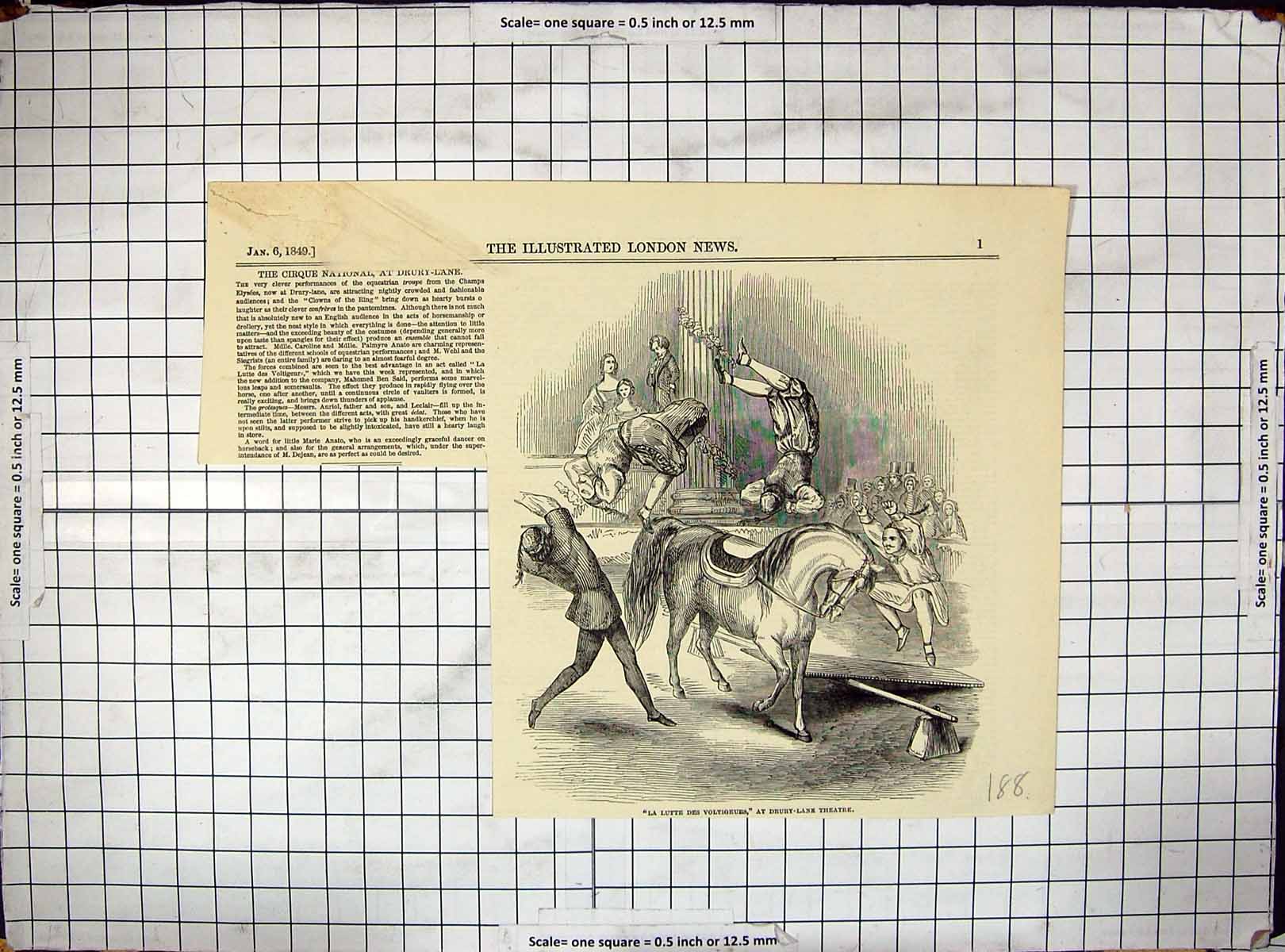 Old Print 1849 La Lutte Des Voltigeurs Drury Lane Theatre Cirque National 19th