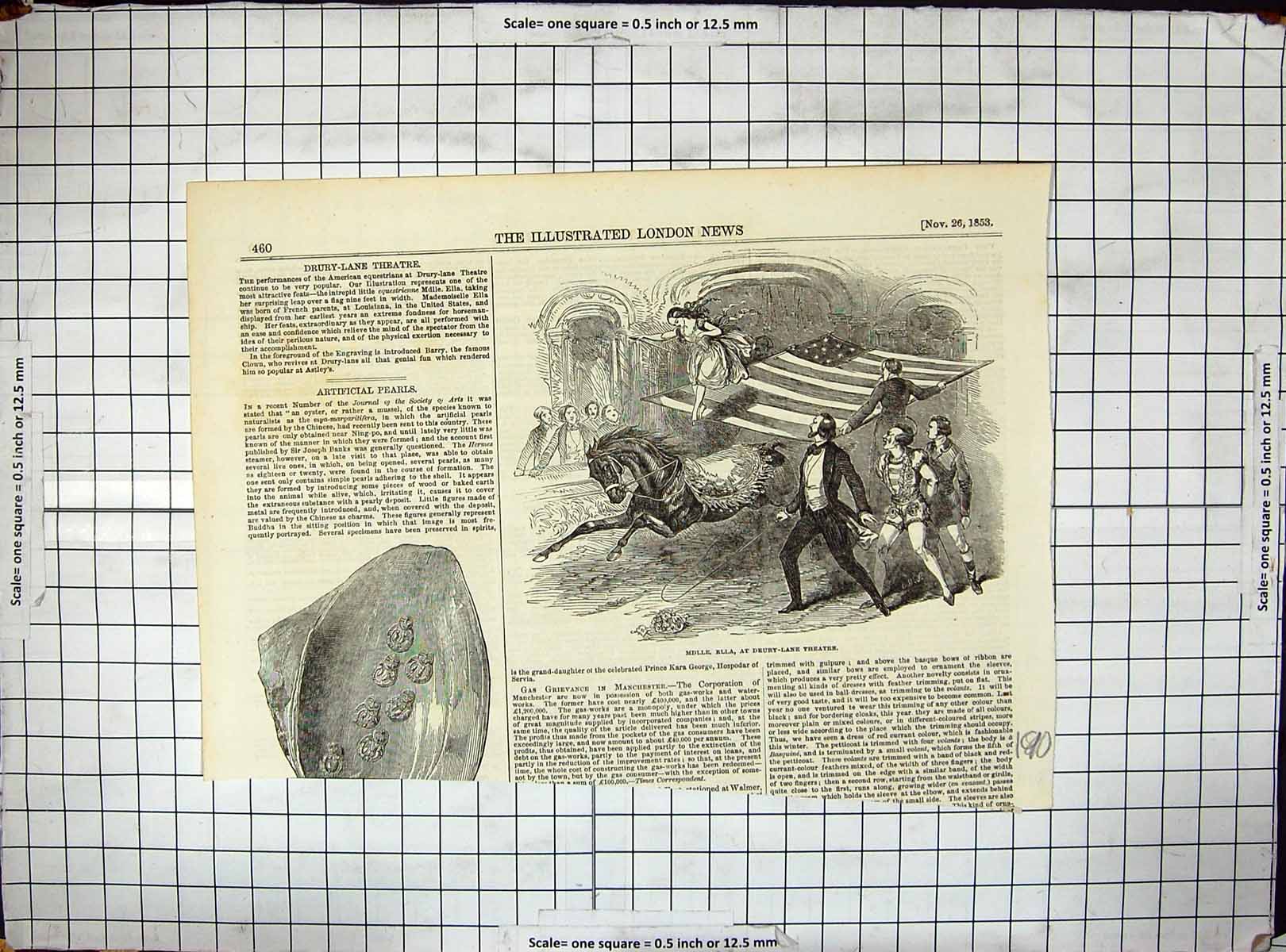 Antique Old Print 1853 Mdlle. Ella Drury Lane Theatre American Equestrians 19th
