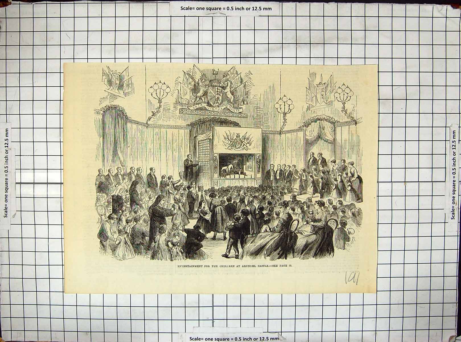 Original Old Antique Print Entertainment Children Arundel Castle Performers