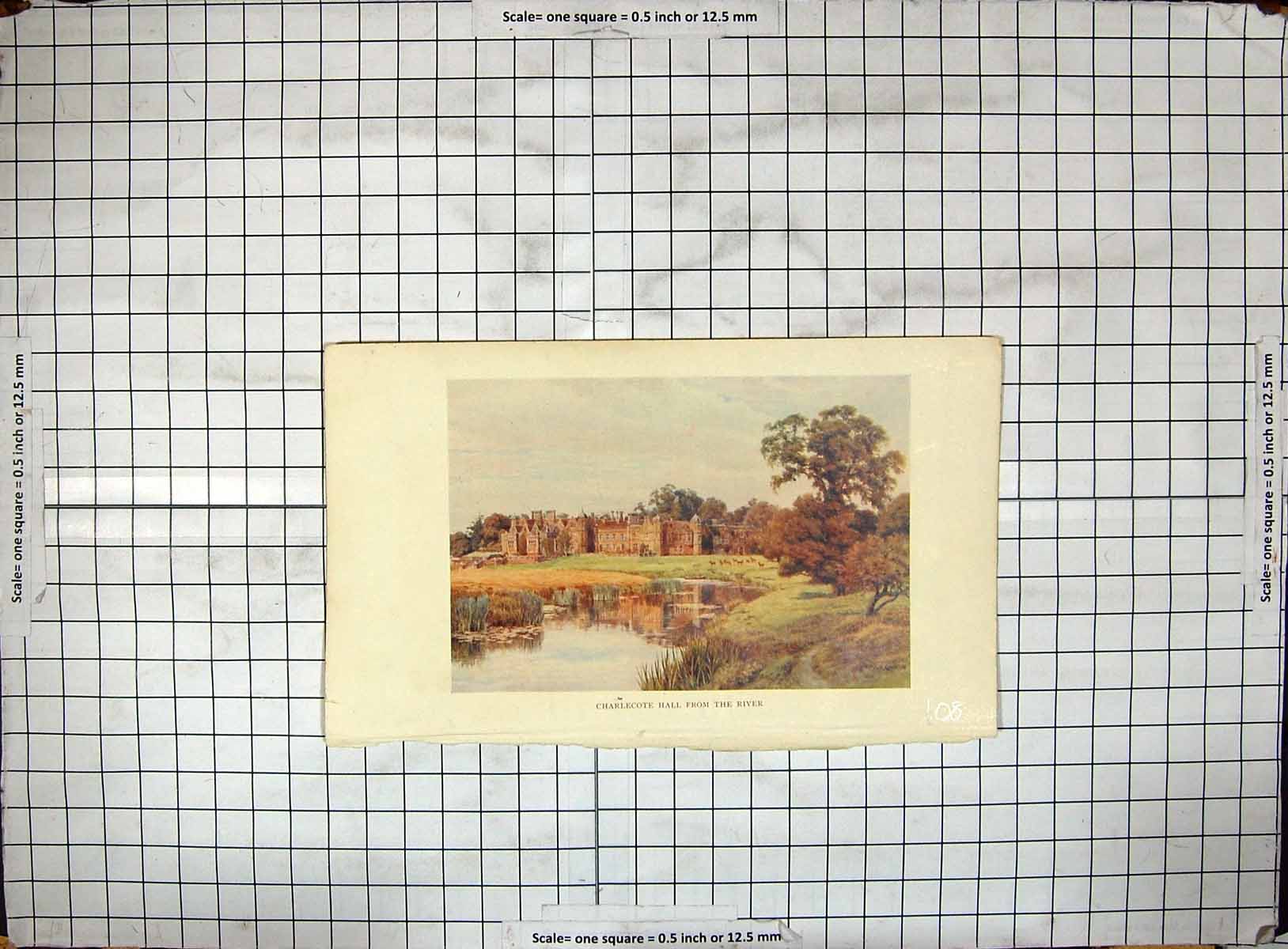 Original Old Antique Print View Charlecote Hall River Mansion House Architecure