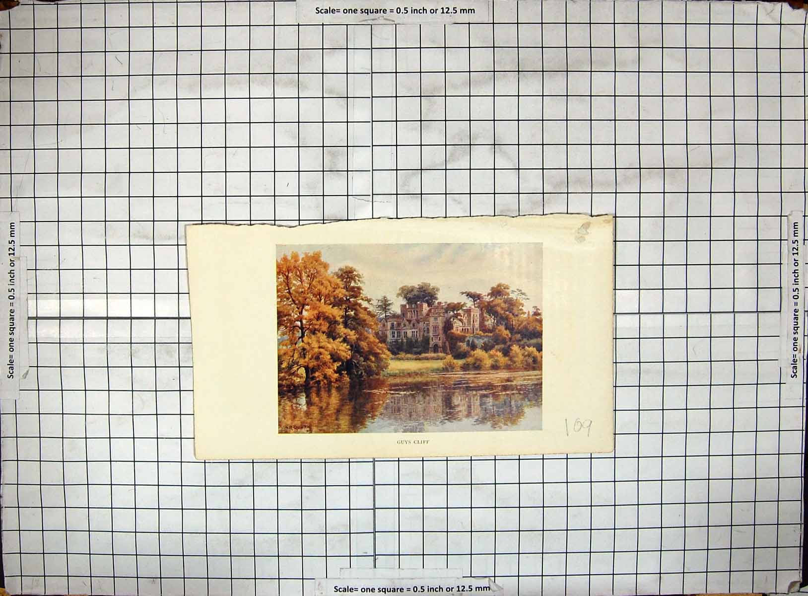 Old Antique Print View Guy'S Cliff Mansion House Architecture River Trees