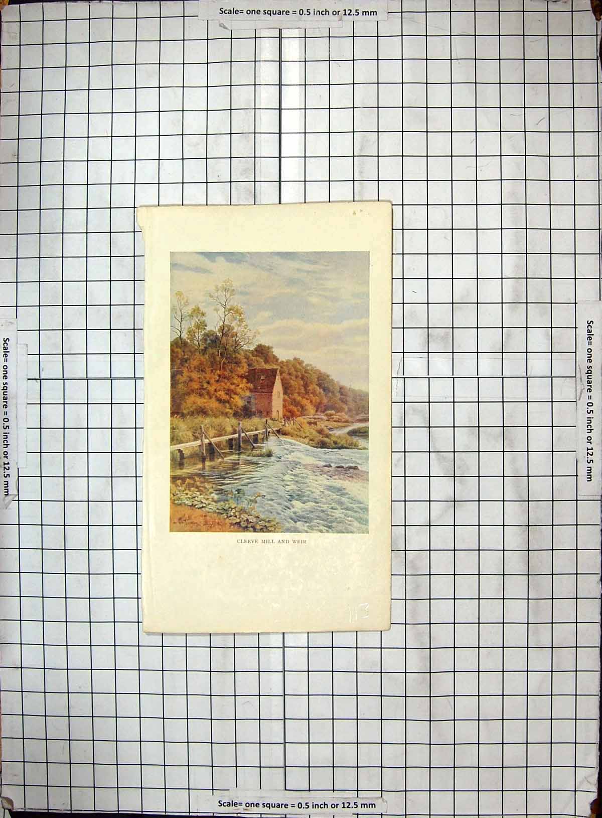 Original Old Antique Print Colour Cleeve Mill Weir River Countryside