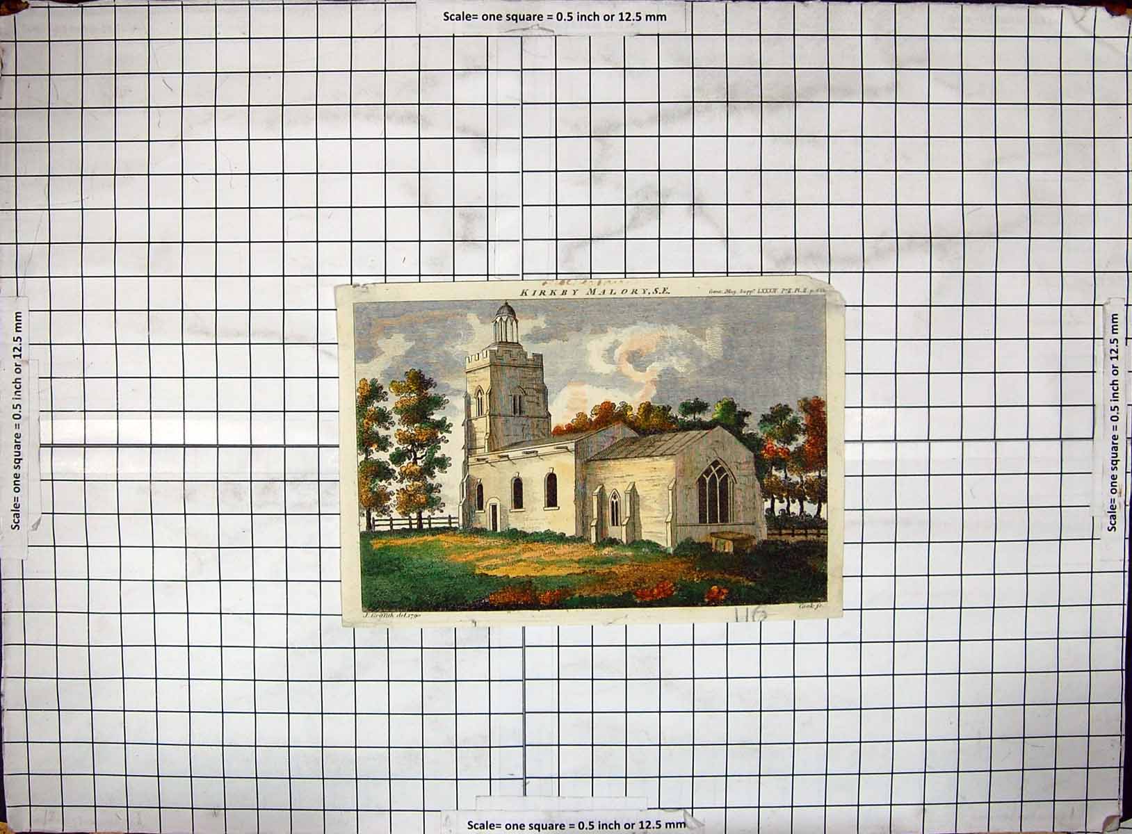 Antique Old Print Colour Engraving Exterior Kirkby Malory Church Architecture