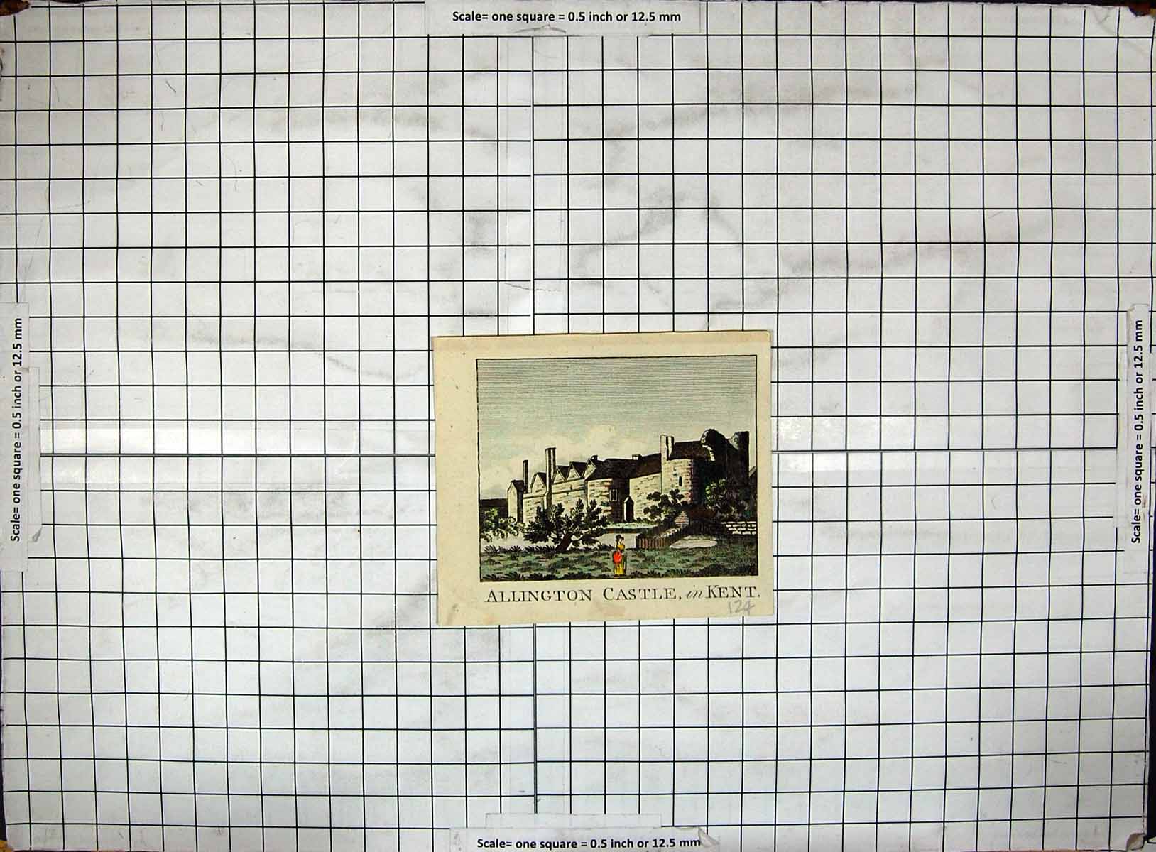 Antique Old Print Allington Castle Kent England Architecture Colour Engraving