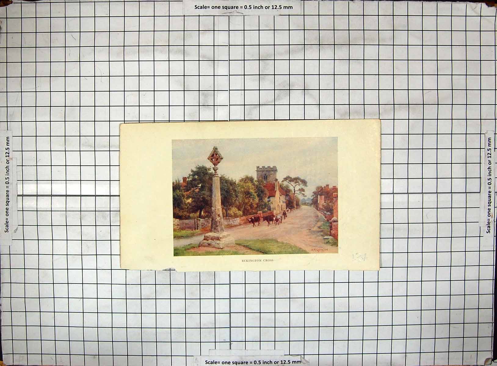 Original Old Antique Print Colour Eckington Cross Cows Street Scene