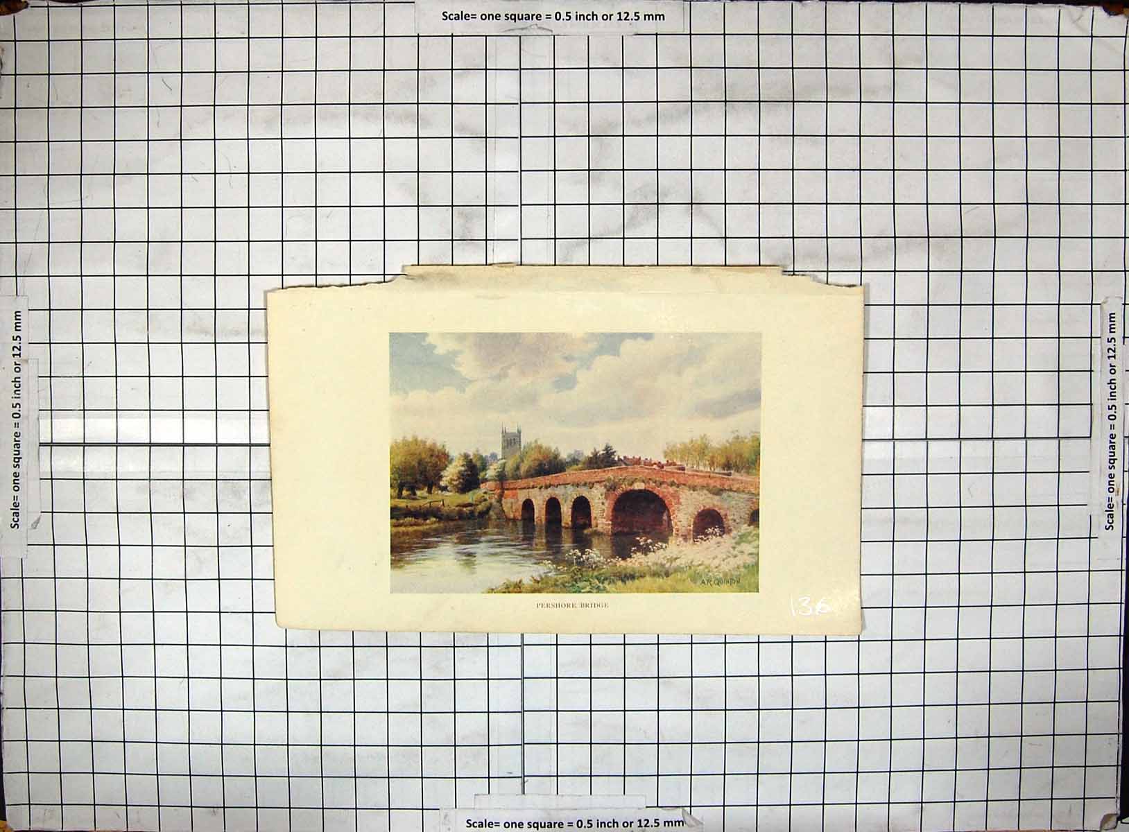 Original Old Antique Print Colour Pershore Bridge River Church Trees