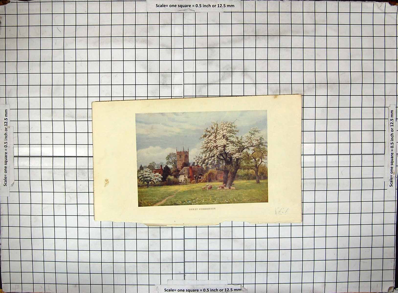 Original Old Antique Print Colour View Great Comberton Church Houses Trees