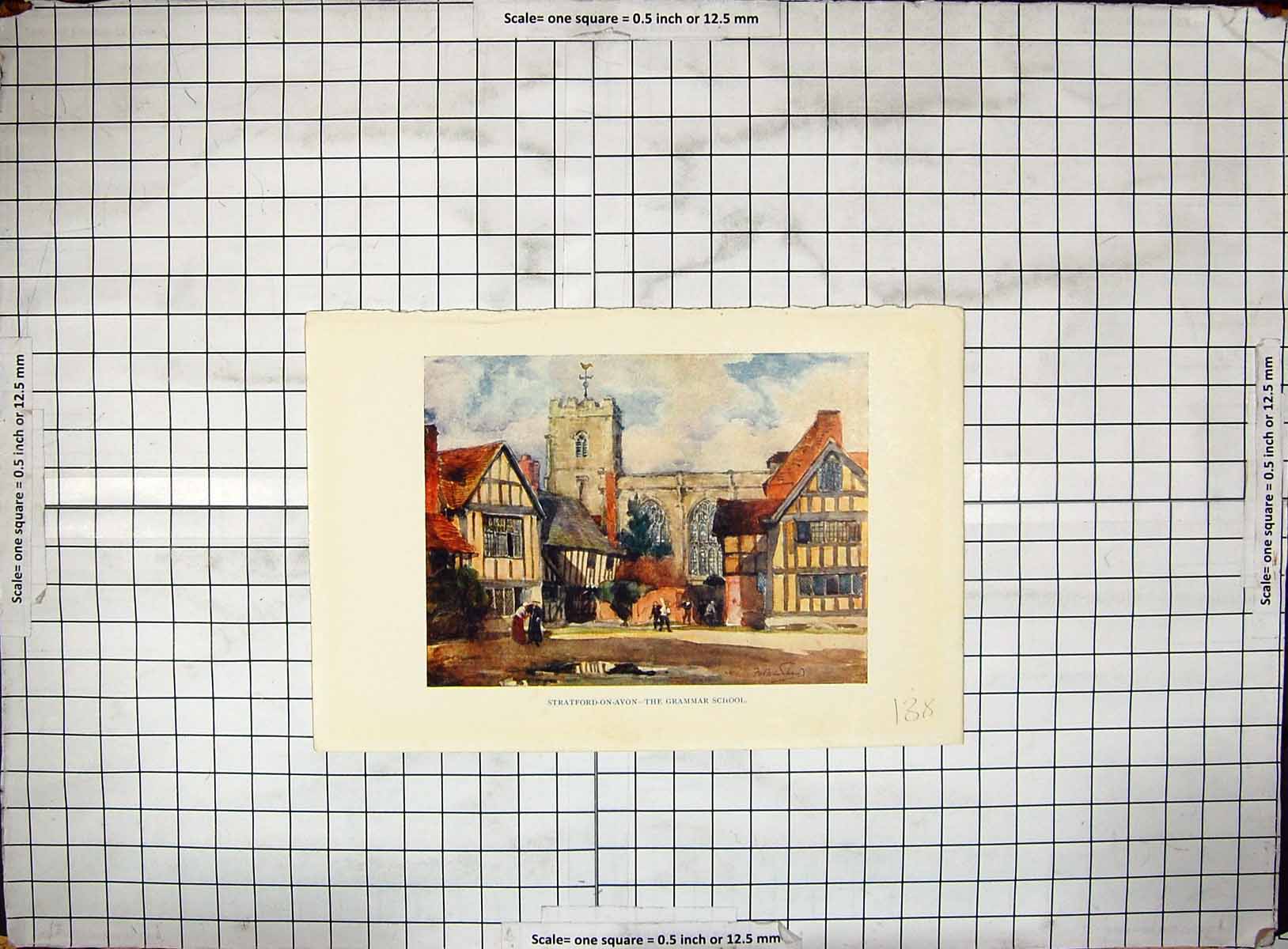 Original Old Antique Print Colour Stratford-On-Avon Grammar School Building