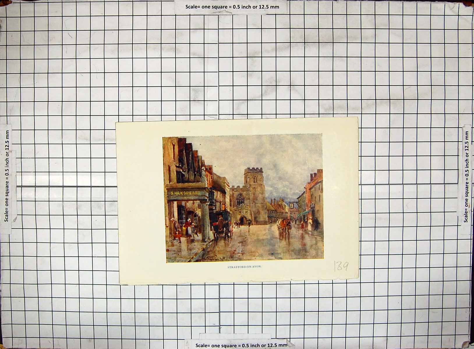 Old Antique Print Colour Street Scene Stratford-On-Avon Shakspeare Hotel
