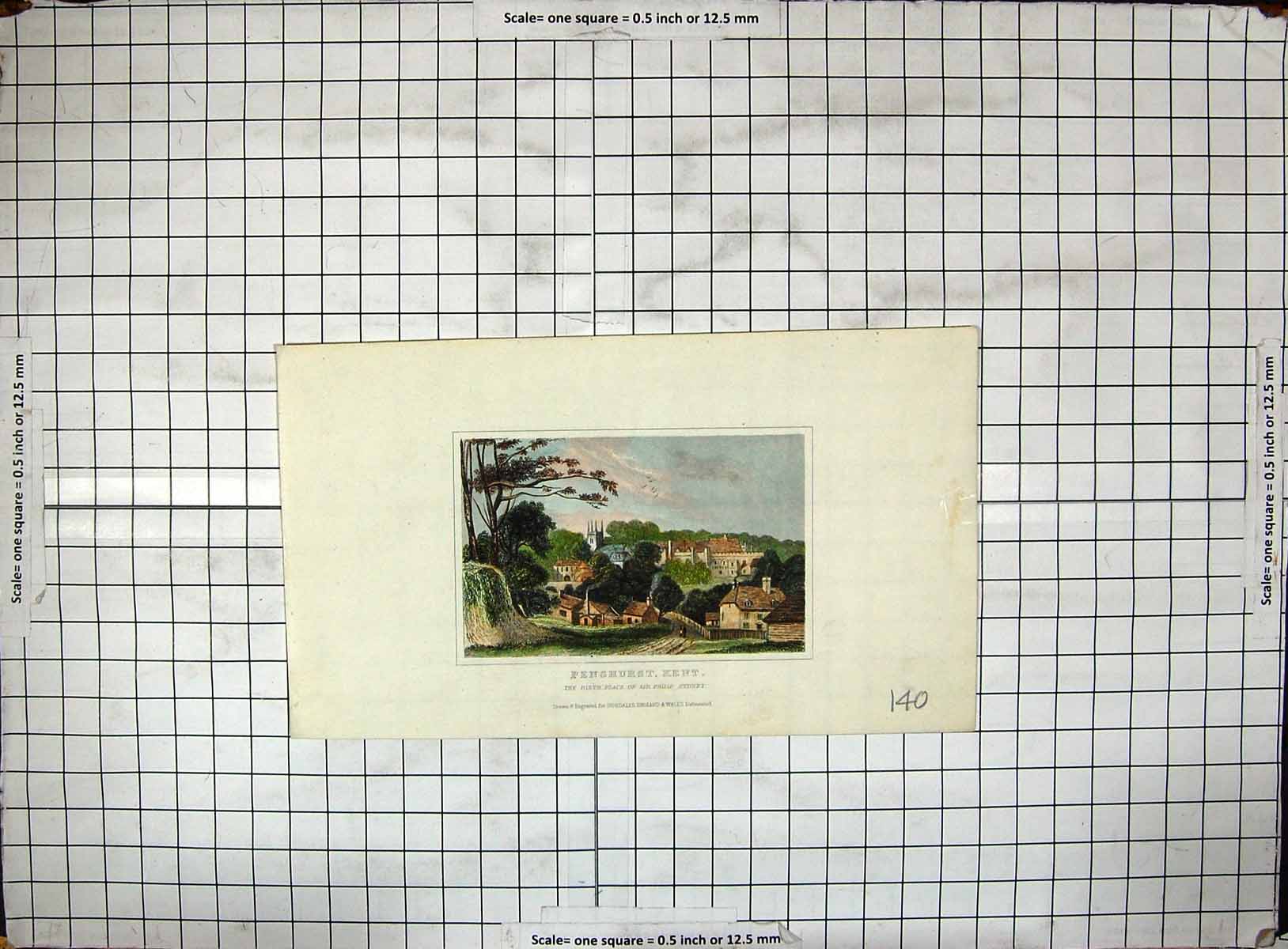 Antique Old Print Penshurst Kent Birth Place Philip Sydney Colour Engraving