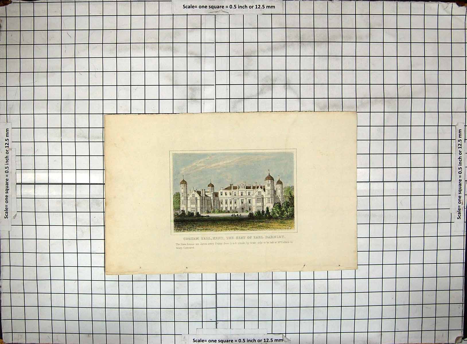 Original Old Antique Print Colour Engraving Cobham Hall Kent Earl Darnley