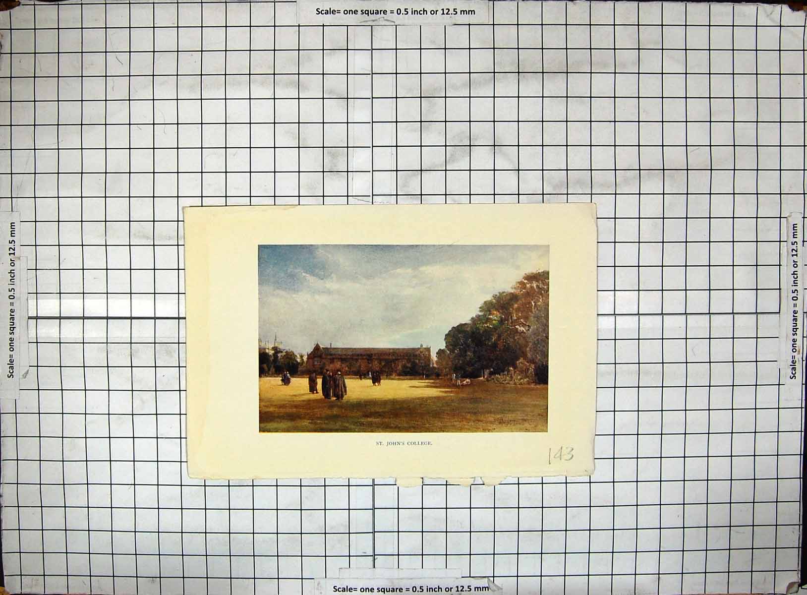 Original Old Antique Print Garden View St. John'S College Colour