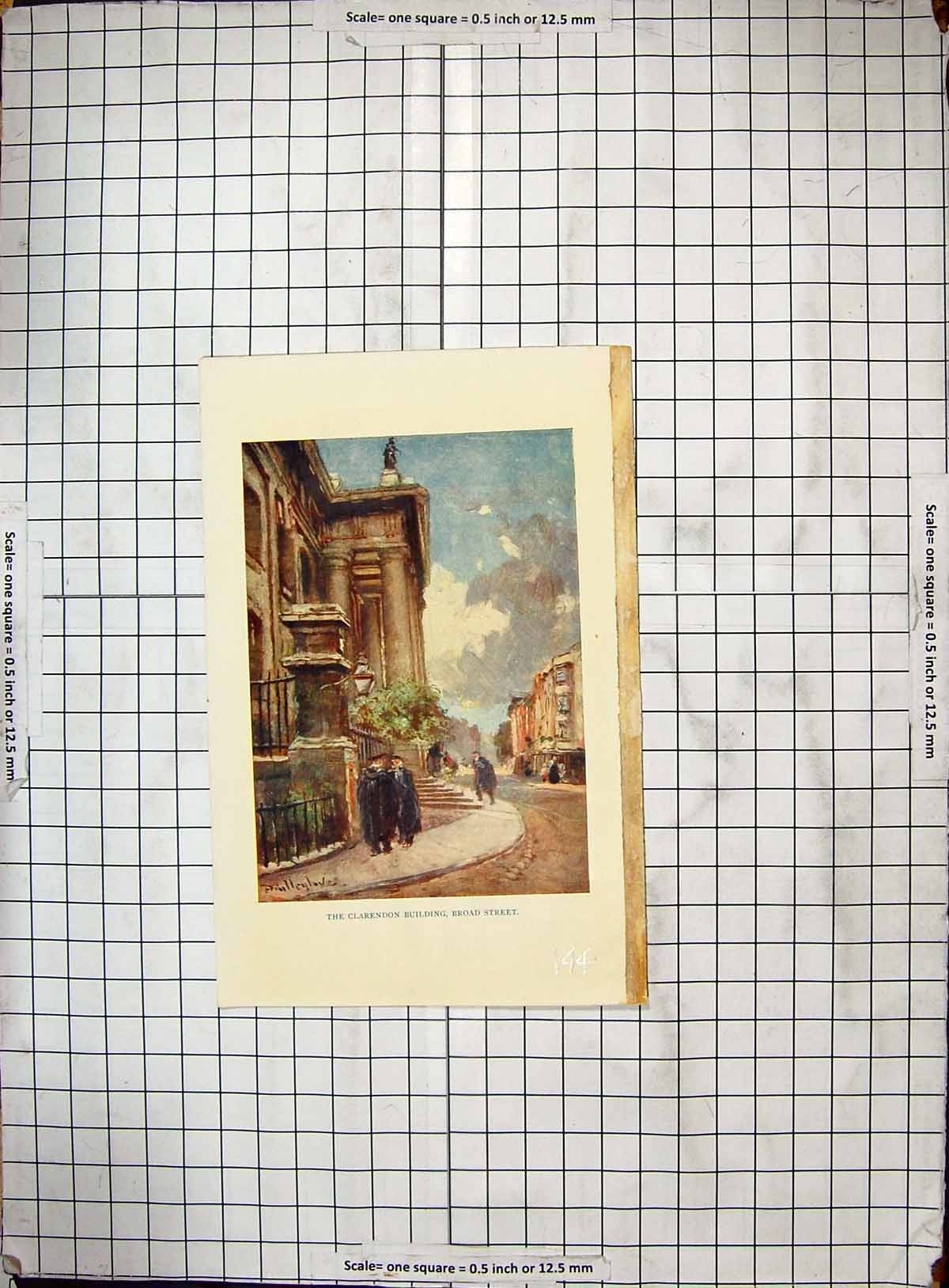 Original Old Antique Print Colour Scene Clarendon Building Broad Street