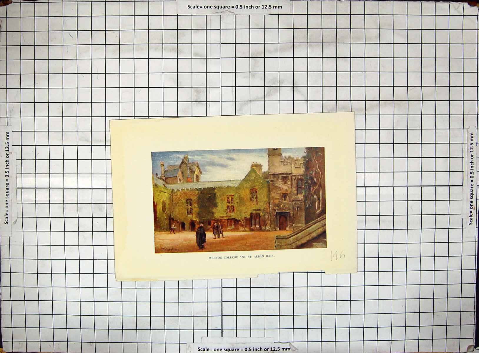 Original Old Antique Print Colour Exterior Merton College St. Alban Hall