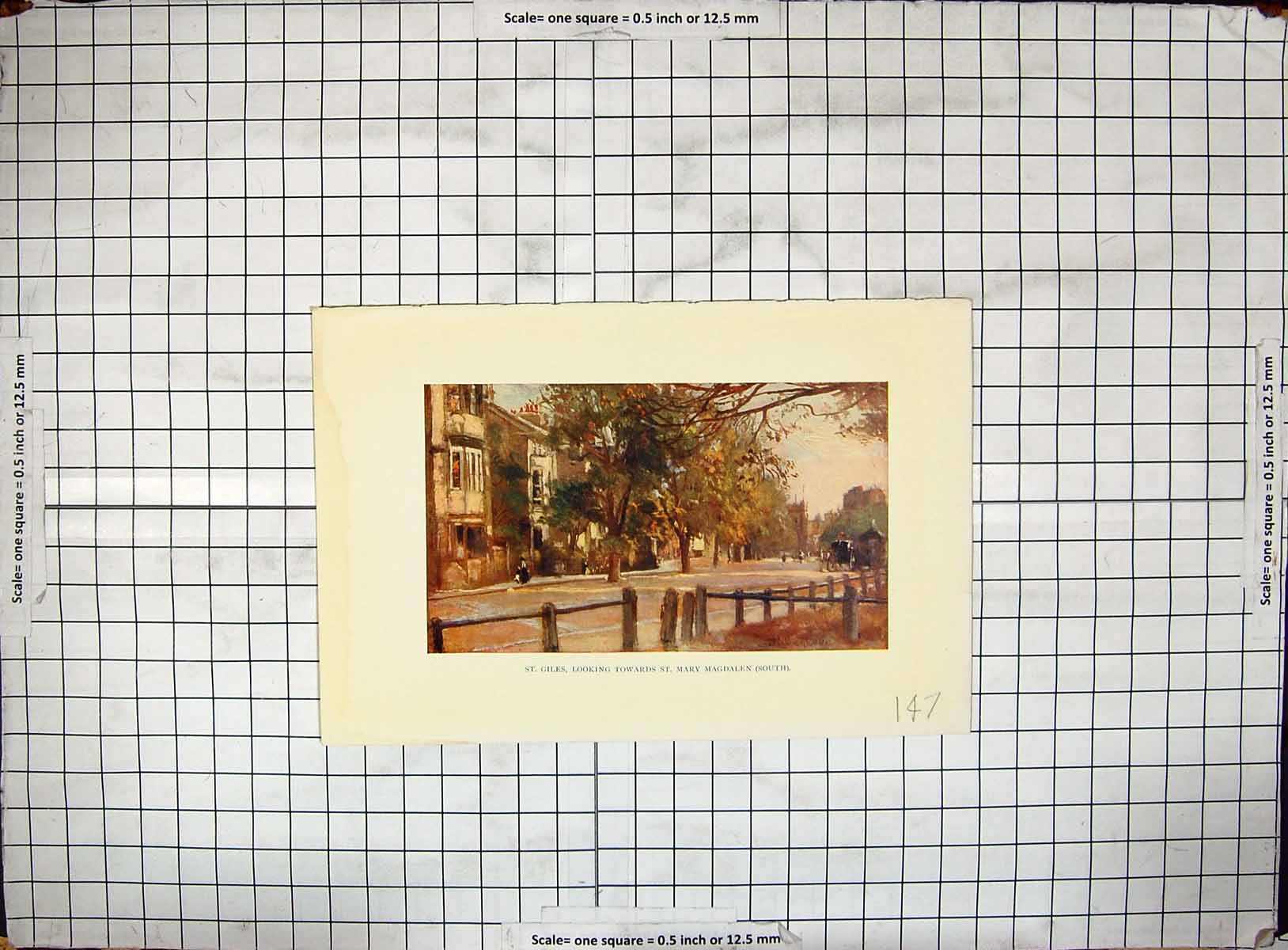 Original Old Antique Print Colour Street Scene St. Giles Mary Magdalen