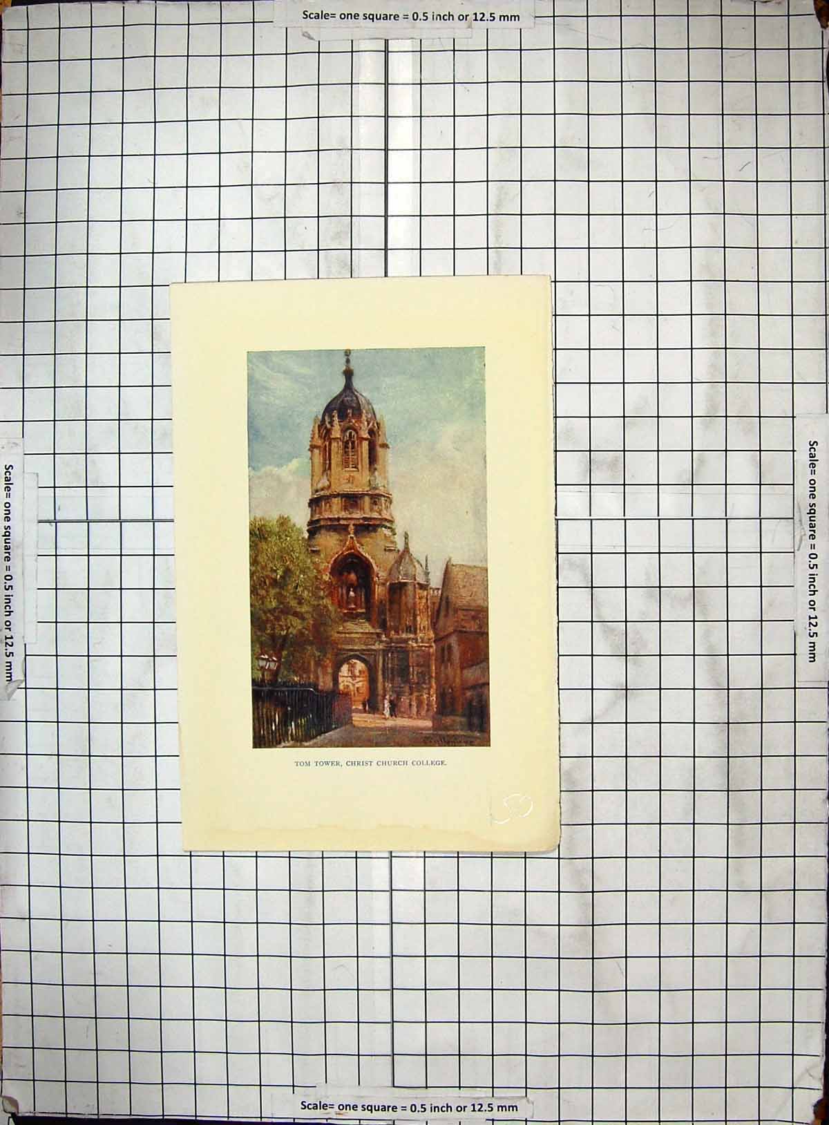 Original Old Antique Print Colour Exterior Tom Tower Christ Church College
