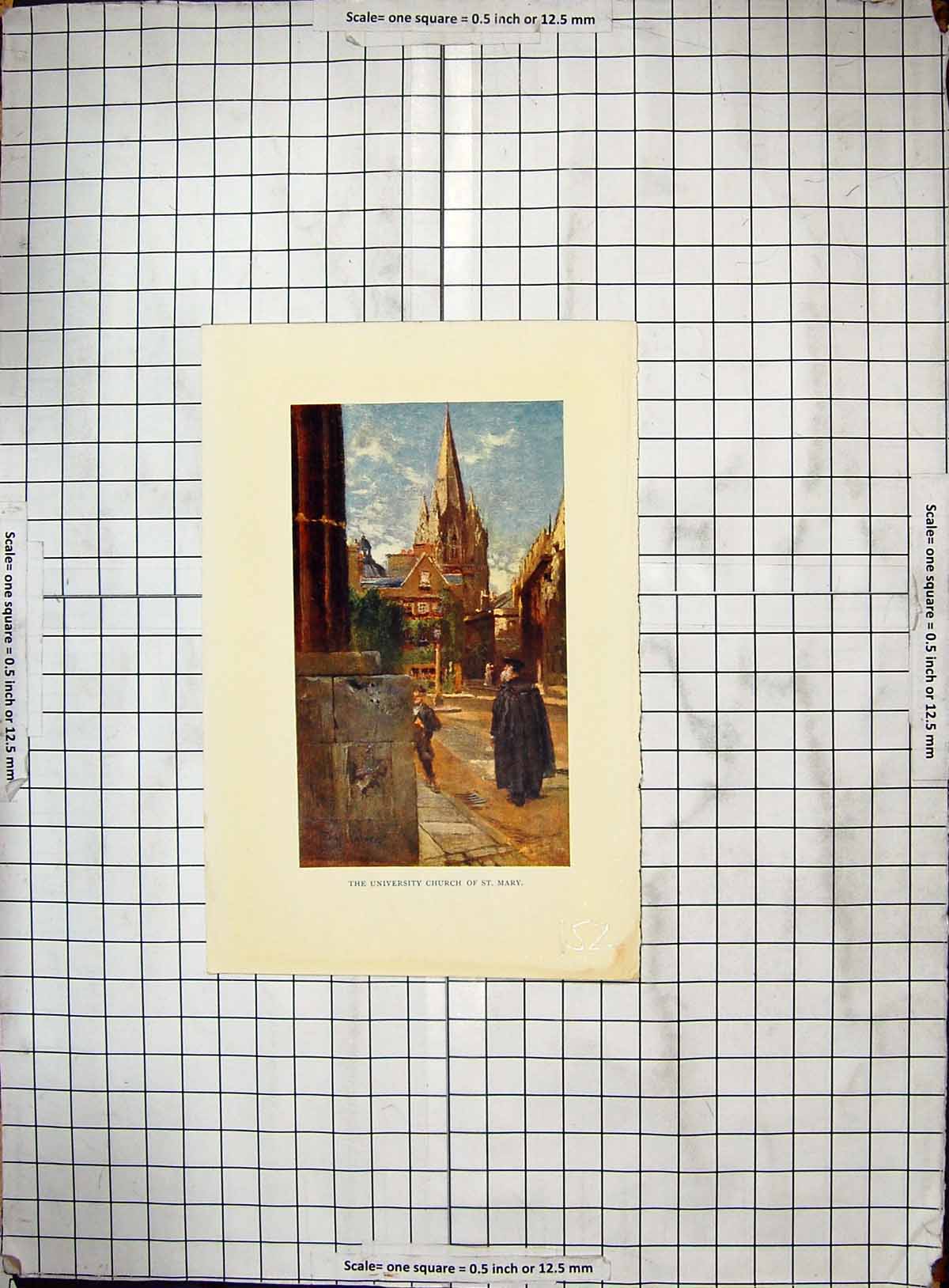 Original Old Antique Print Colour University Church St. Mary Architecture