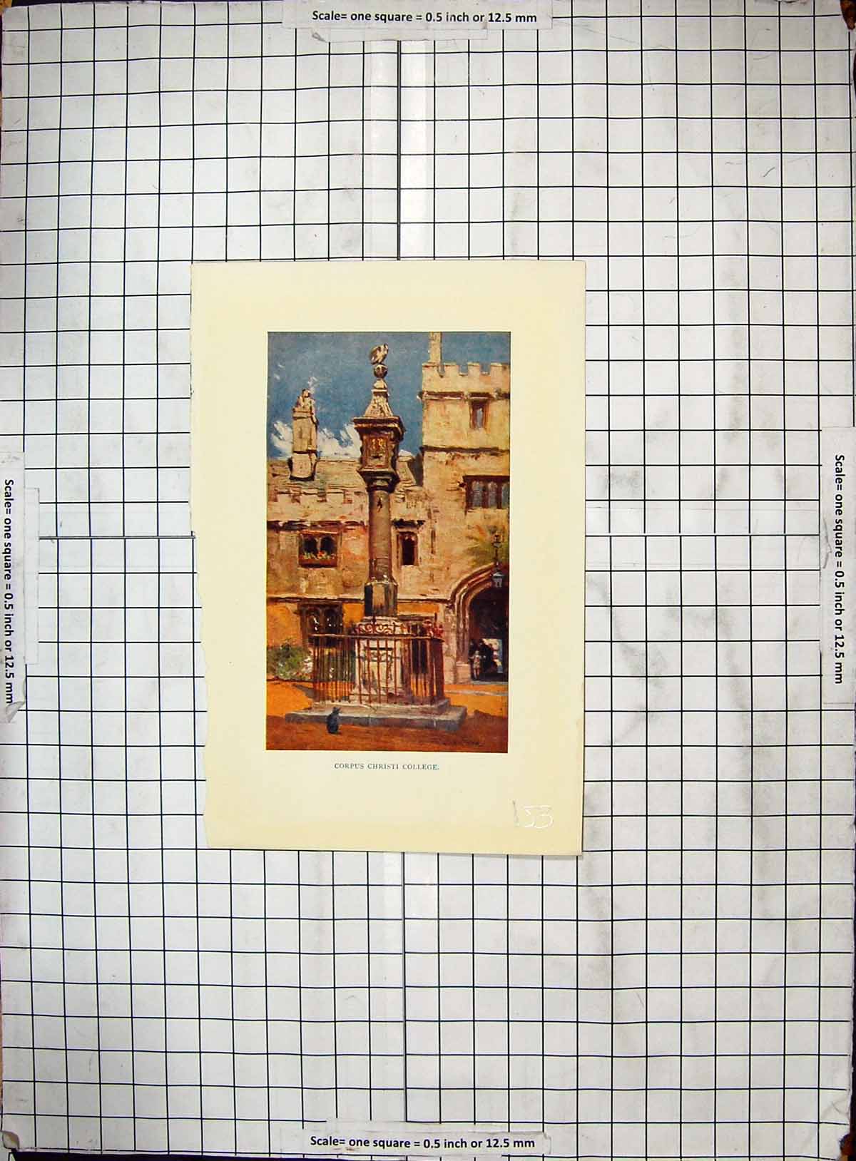 Original Old Antique Print Colour Corpus Christi College Architecture