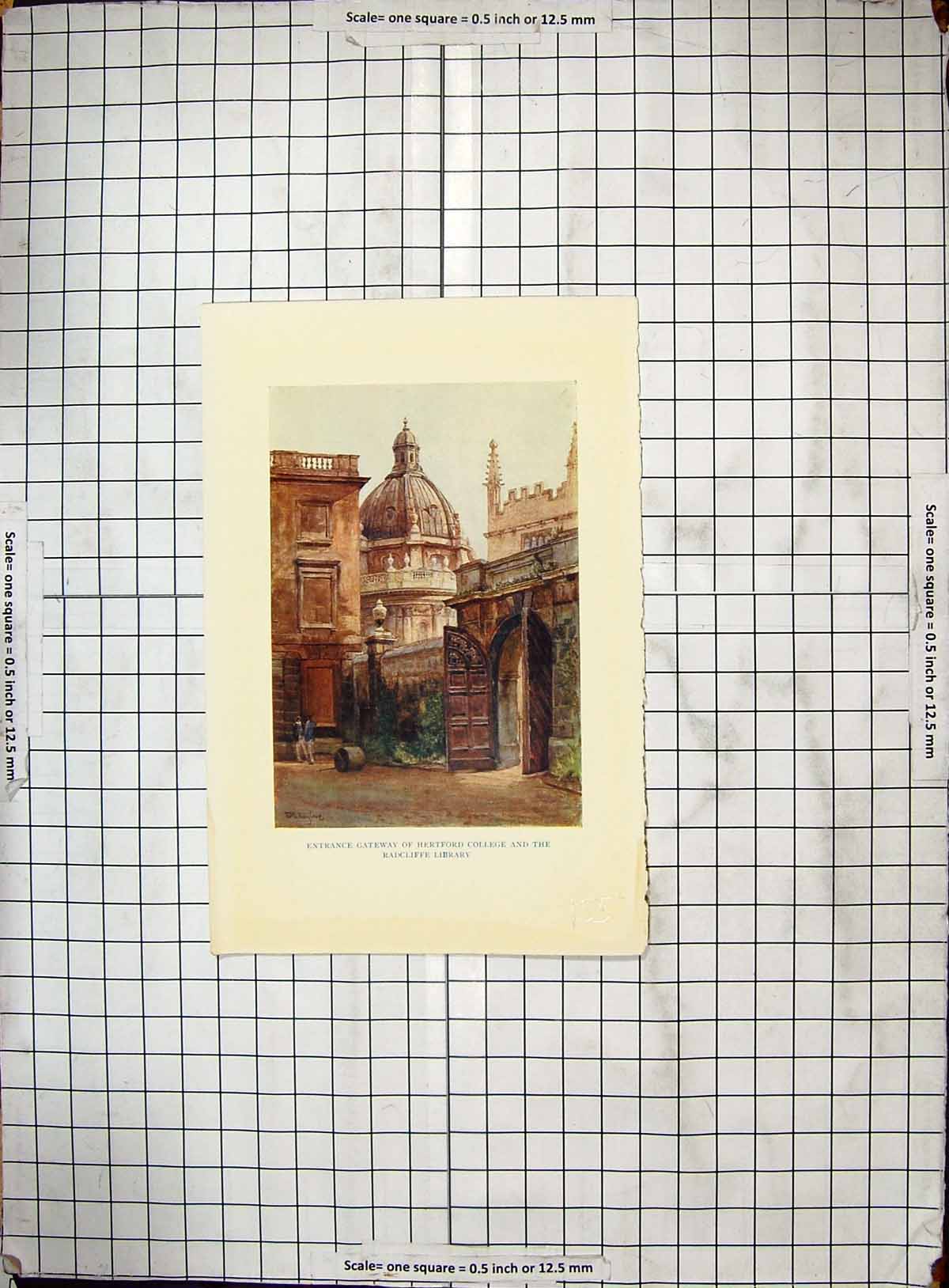 Original Old Antique Print Entrance Gateway Hertford College Radcliffe Library