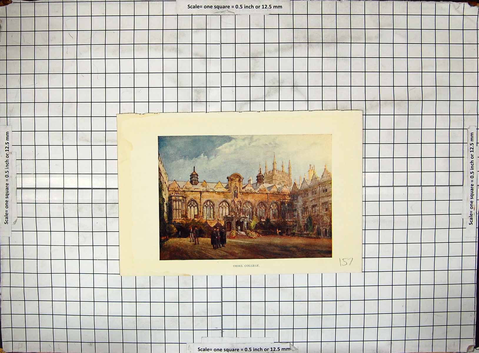 Original Old Antique Print Exterior Oriel College Architecture Colour