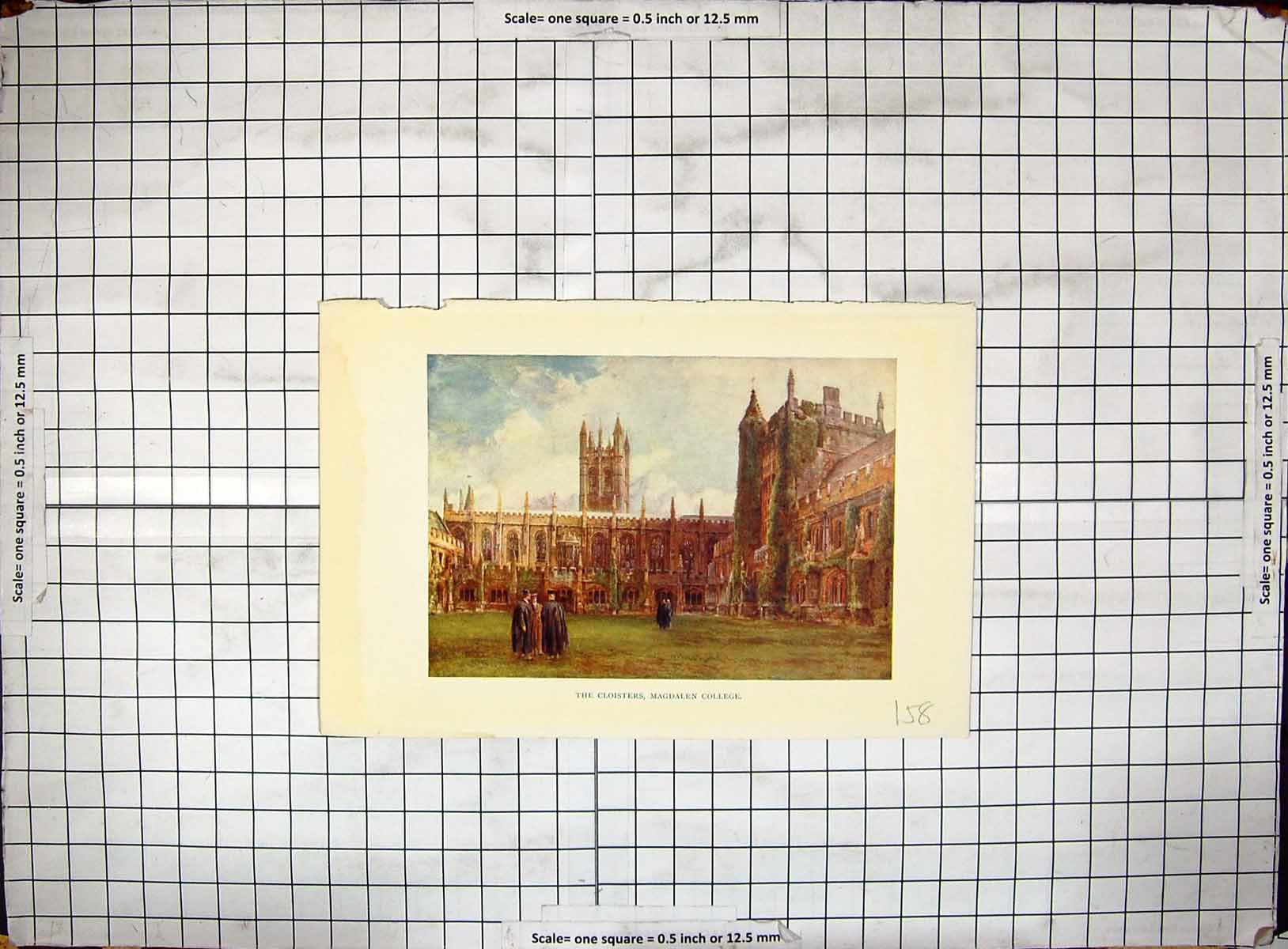 Original Old Antique Print Colour Cloisters Magdalen College Architecture