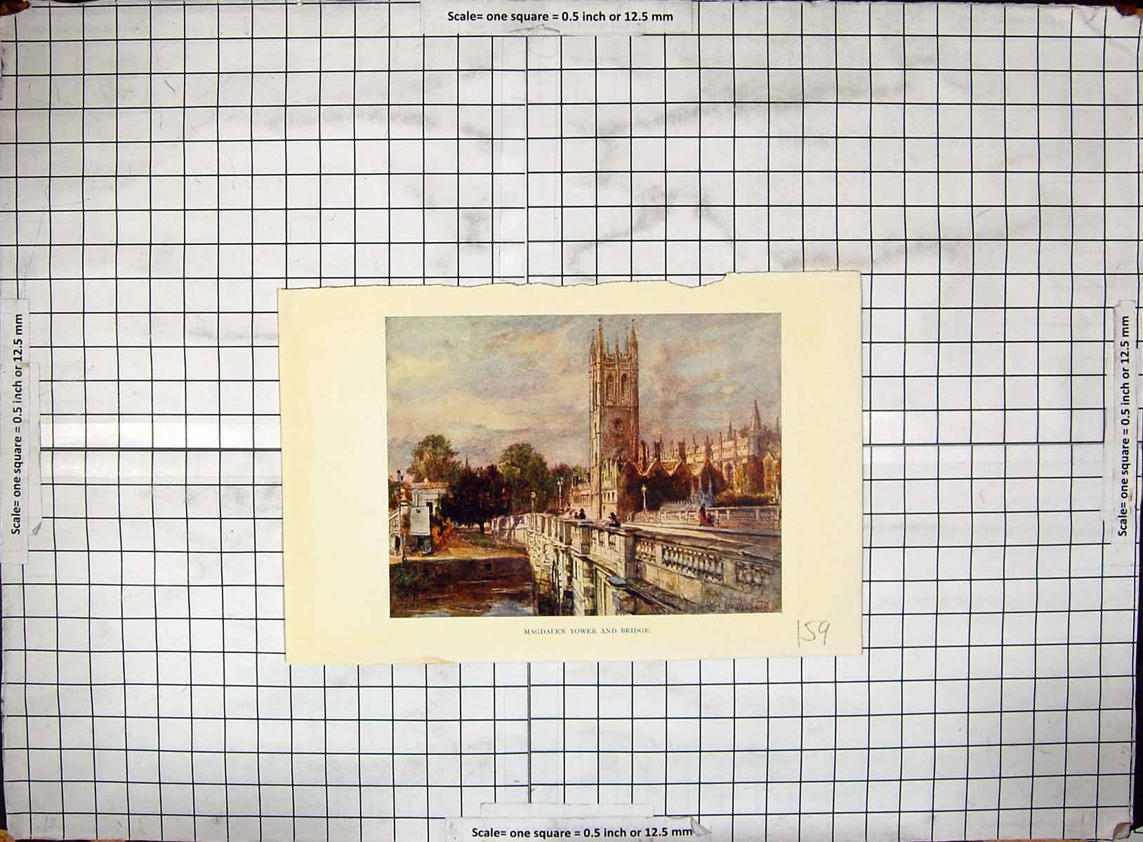 Original Old Antique Print Colour Magdalen Tower River Bridge Architecture