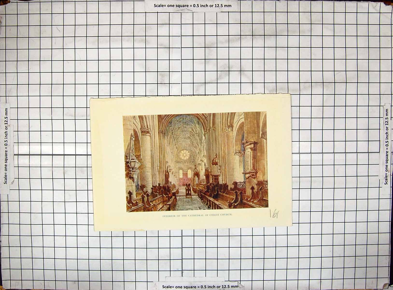 Original Old Antique Print Colour Interior Cathedral Christ Church