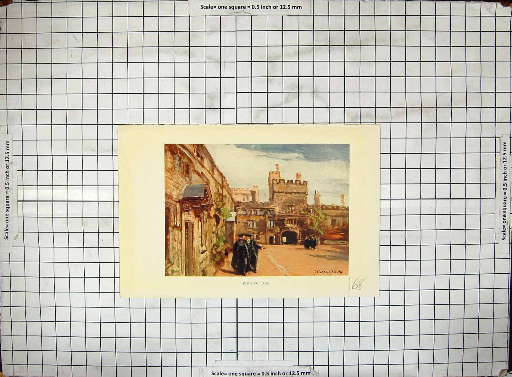 Original Old Antique Print Colour Exterior Jesus College Architecture