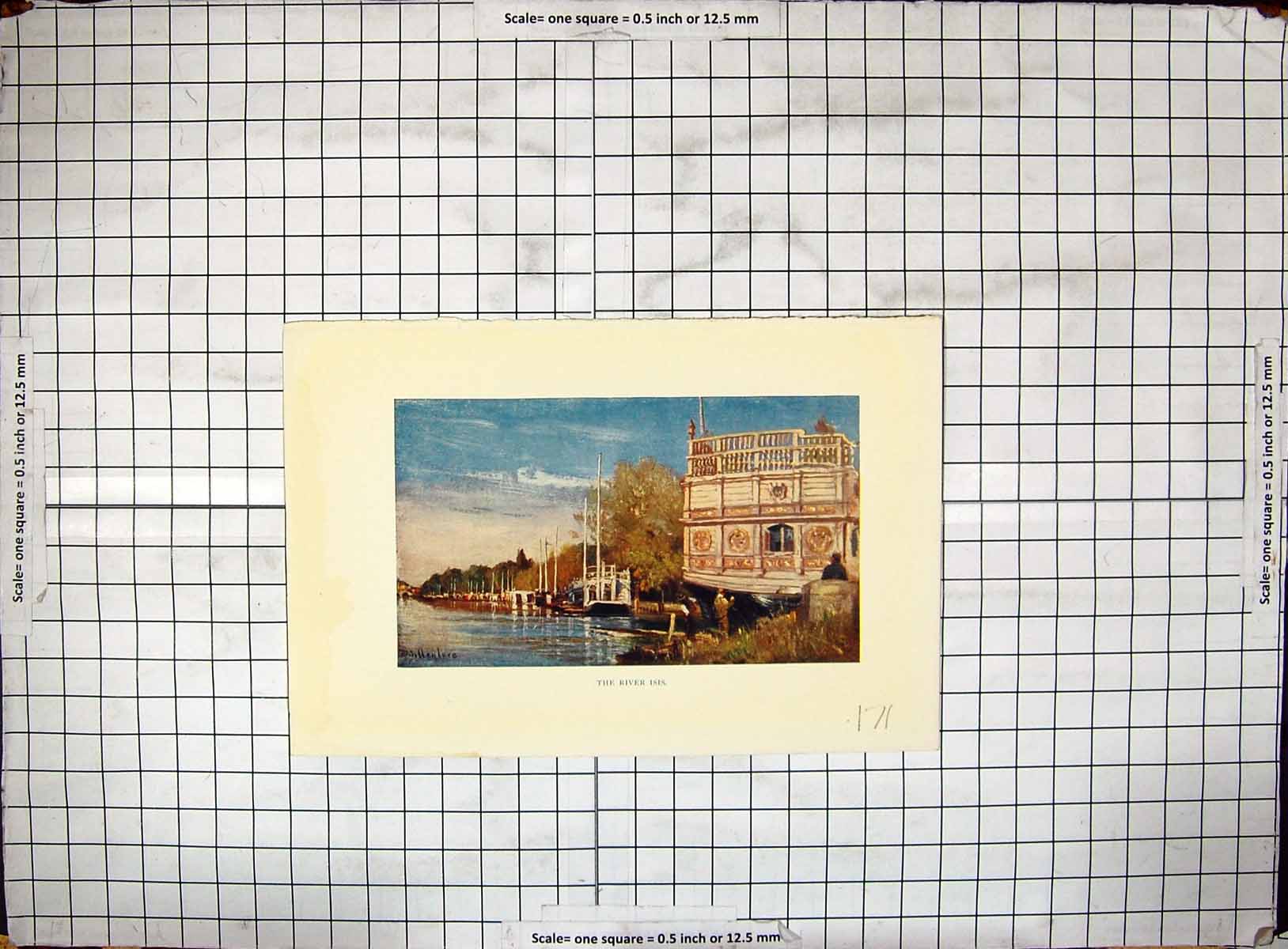 Original Old Antique Print Colour River Isis Boats